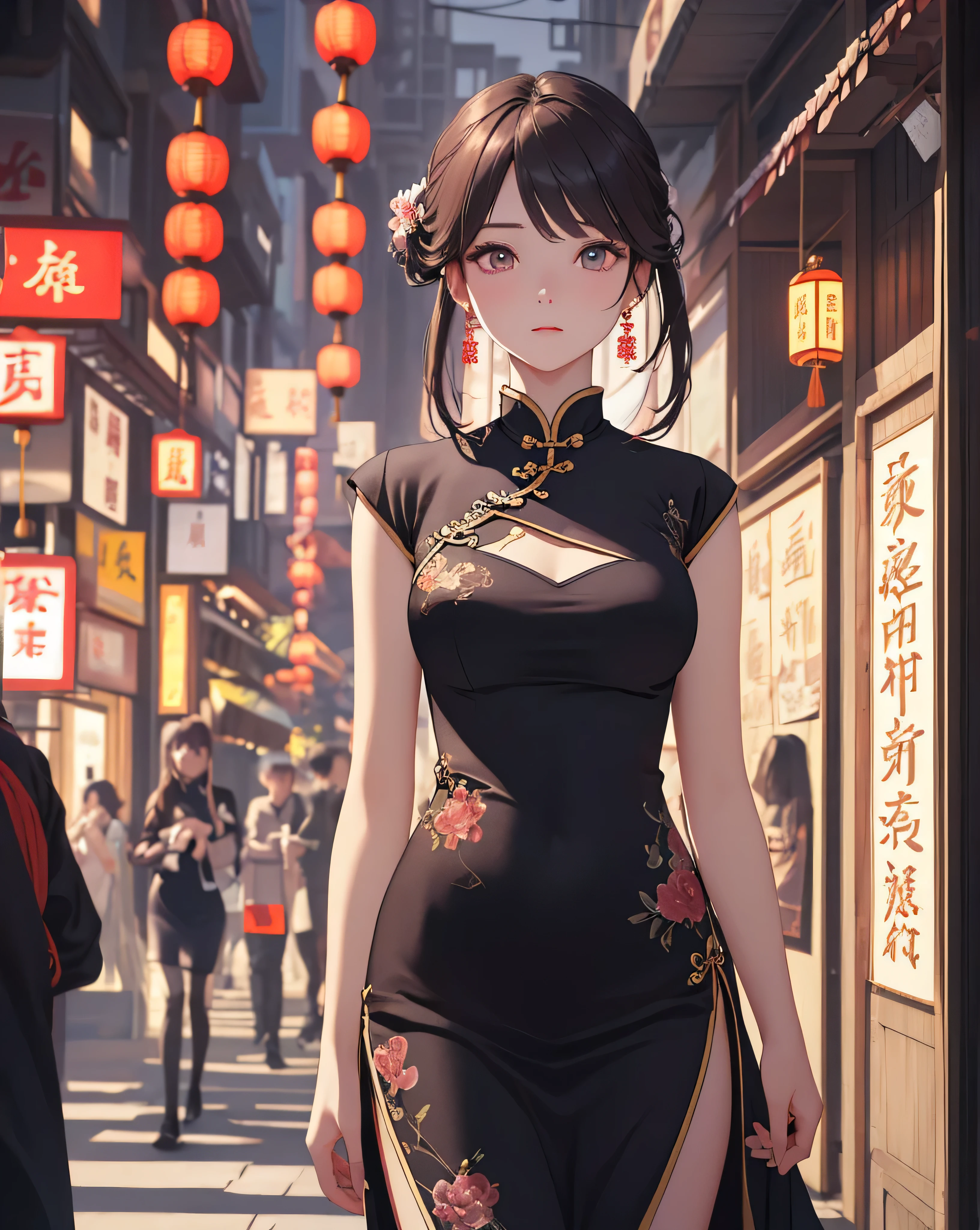 (Painting style close up, Ultra-high definition 8K, Masterpiece-level CG wallpaper), Cinematic Lighting, pretty girl, Delicate and beautiful face, Dreaming eyes, Gorgeous Chinese dress, Standing on a busy Chinese street, Delicate posture, Fashion Illustration.