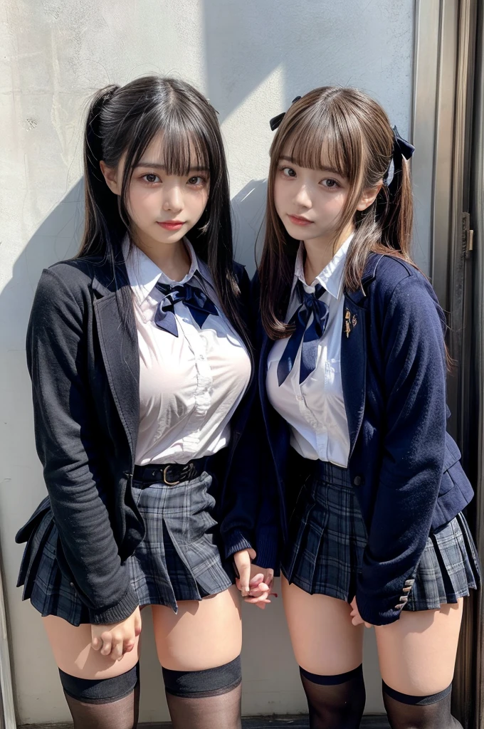 muster piece, best quality, illustration, Super detailed, fine details, High resolution, 8K,wall paper, perfect dynamic composition,(Details High quality, realistic depiction of eyes:1.3), ((2 girls, 2 schoolgirls)), High School Classroom、High school girl uniform、blazer 、Super Short Check Uniform Skirt、Navy blue high socks、garterbelts、Colossal tits、Disturbed uniform, Play with each other,Touching each other's bodies,Touching the body of the girl next door, short bob hair, black hair color, huge breasts, Big Natural Color Lip, bold sexy pose, (perfect body shape), crying a little、cold gaze, Harajuku style、20 year old girl、 beautiful legs, hposing Gravure Idol, Voluptuous thighs