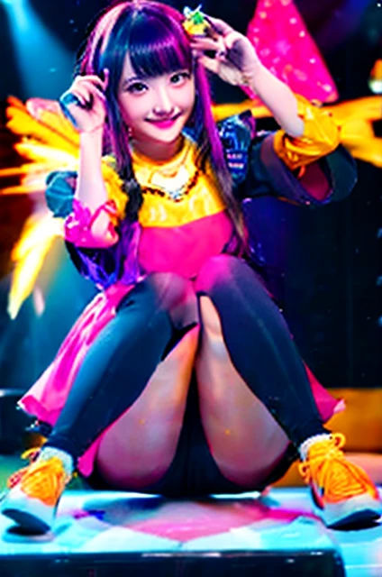 最high quality, 8k, Super detailed, Realistic, (One Girl,),Dancing,(((Ai Hoshino Dresses))),Six-pointed star in the eye,Microphone in right hand,((Colorful atmosphere)),Wink,(((Cute Style))),((saturated color)),(Ai Hoshino),Big eyes,Eyes of Fantasy,Purple Hair,Happy,hair accessory,((high quality)),touch pink and black dress,Anime Idol, Pretty face, The Face of Japan,