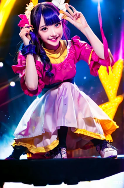 最high quality, 8k, Super detailed, Realistic, (One Girl,),Dancing,(((Ai Hoshino Dresses))),Six-pointed star in the eye,Microphone in right hand,((Colorful atmosphere)),Wink,(((Cute Style))),((saturated color)),(Ai Hoshino),Big eyes,Eyes of Fantasy,Purple Hair,Happy,hair accessory,((high quality)),touch pink and black dress,Anime Idol, Pretty face, The Face of Japan, 