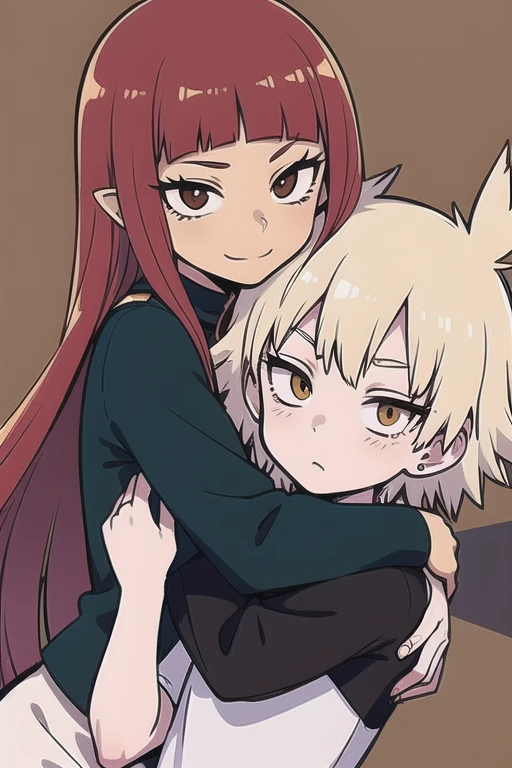 ((best quality)), ((masterpiece)), (detailed), perfect face My hero Academia anime art style of UA hispanic girl student with tan skin color, long red hair with bangs, brown eyes fairy ears and wings. Hugging grumpy blonde haired boy Bakugo Katsuki during