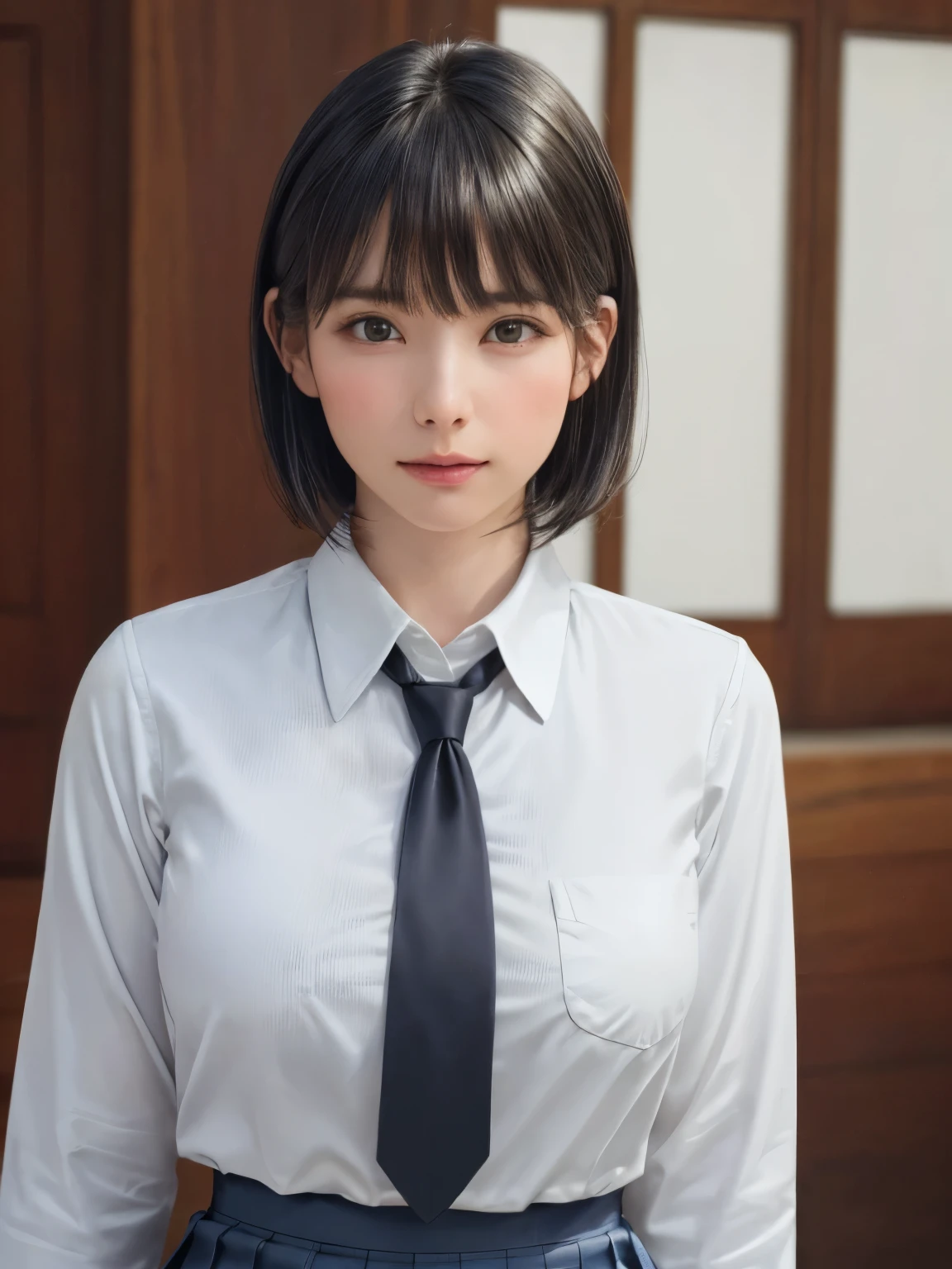 (masterpiece:1.3), (Realistic, RAW Photos, highest quality: 1.4), (One Girl), Beautiful Face, (超Realistic Face、シンメトリーのBeautiful Face), (Short black hair, short hair:1.6、bangs:1.3、Show off your beautiful ears), Beautiful Hairstyles, (Realistic eyes), Beautiful details, Long eyelashes, (Realistic Skin), Beautiful Skin, [Big Breasts:1.3], {huge|big|hugeな|Mega} chest, (Perfect body:1.3), (Detailed body:1.2), (tie), (Collared shirt, Pleated skirt:1.3), Absurd, charm, Ultra-high resolution, Ultra-realistic, Very detailed, Golden Ratio,Very cute beautiful woman、28 years old、Beautiful angle from the back