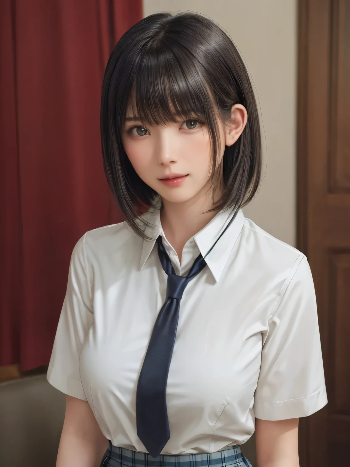 (masterpiece:1.3), (Realistic, RAW Photos, highest quality: 1.4), (One Girl), Beautiful Face, (超Realistic Face、シンメトリーのBeautiful Face), (Short black hair, short hair:1.6、bangs:1.3、Show off your beautiful ears), Beautiful Hairstyles, (Realistic eyes), Beautiful details, Long eyelashes, (Realistic Skin), Beautiful Skin, [Big Breasts:1.3], {Huge|big|Hugeな|Mega} chest, (Perfect body:1.3), (Detailed body:1.2), (tie), (Collared shirt, Pleated skirt:1.3), Absurd, charm, Ultra-high resolution, Ultra-realistic, Very detailed, Golden Ratio,Very cute beautiful woman、28 years old、Beautiful angle from behind