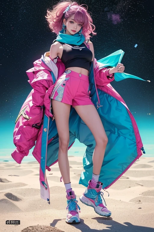 highest quality, Very detailed, masterpiece, 1 person,woman,(((完璧なwomanの体))),Very beautiful face, Very beautiful body,Gentle expression, Very beautiful eyes,(Perfect Makeup:1.1),Fashion Model,Cyberpunk Fashion,Curly Hair,Shaggy Hair,Fluorescent pink and blue hair:1.3, very thin body,Smart Abs, Monogram pattern,Gradation,Formal suit,Two-tone high-top sneakers,A kind smile,Full body portrait,(Space Station Background), (Shiny skin),(Earrings),Seesul,Long elegant patterned scarf,Ultra Long Shawl,