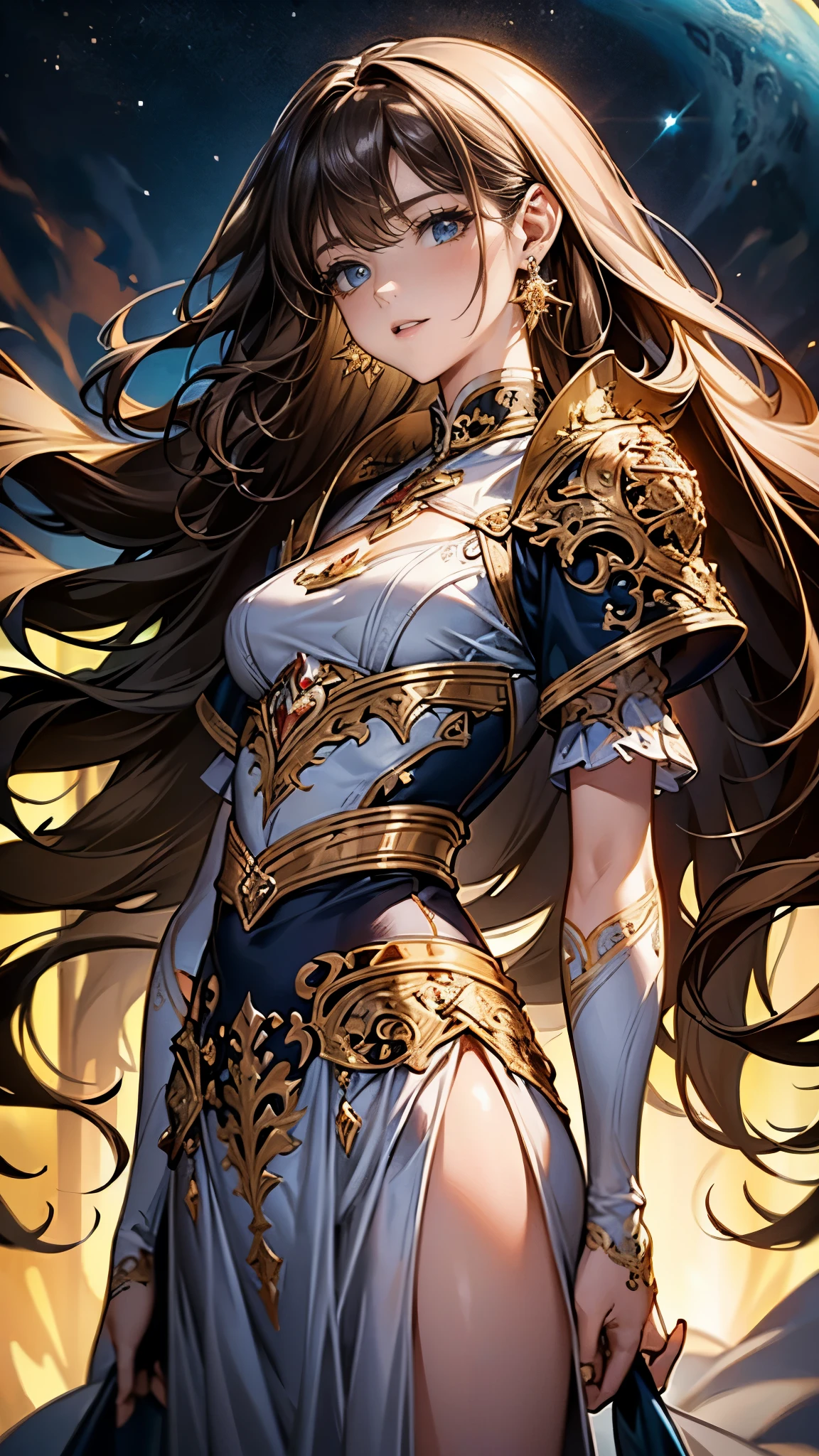 ((highest quality)),(Ultra-high resolution),(Very detailed),(Detailed Description),((The best CG)),(masterpiece),Ultra-precise art,Amazing drawing art,(Fantasy art with intricate detail:1.5), Pray to the stars, storm、Very detailedな CG Unity 8k 壁紙, Cool girl, lots of Earrings, Earrings, Brown Hair, Curly Hair,White skin, Gal, Improve、Flat Chest、Long skirt