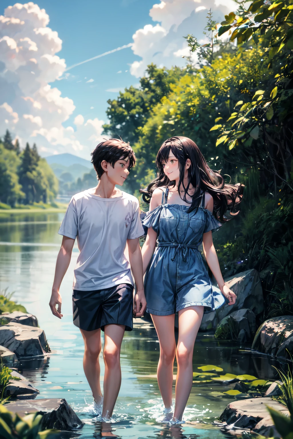 ((best quality)), ((masterpiece)), (detailed), (perfect face), Create a charming, heartwarming scene of a cute girl and a cute boy walking hand-in-hand along a riverbank. The girl has long, wavy hair and is wearing a light, summery dress, while the boy has short, tousled hair and is dressed in a casual t-shirt and shorts. They are smiling and looking at each other affectionately. The river beside them is calm and clear, reflecting the blue sky above. The riverbank is lush with green grass, wildflowers, and a few scattered trees providing dappled shade. In the background, there are gentle hills and a bright, sunny sky with a few fluffy clouds. The overall mood of the image should be one of youthful joy, love, and the simple pleasures of a beautiful day outdoors.