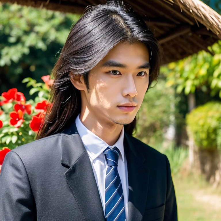 Young Asian man, 25 years old, His long hair flowed up.,) Looking straight at you intently, The most fashionable dark black leather suit, bright red tie.,) very handsome,) ,Jeans) outdoors in the countryside Old and worn thatched hut, with red flowers,) best quality, 10, height:1.2), 8K Special Details, (realistic:1.37), Portrait, Full body, Posing from different angles,, bright colors, Warm light, shot with a high quality camera 45,000,000,000,Pixels, Realistic light colors,