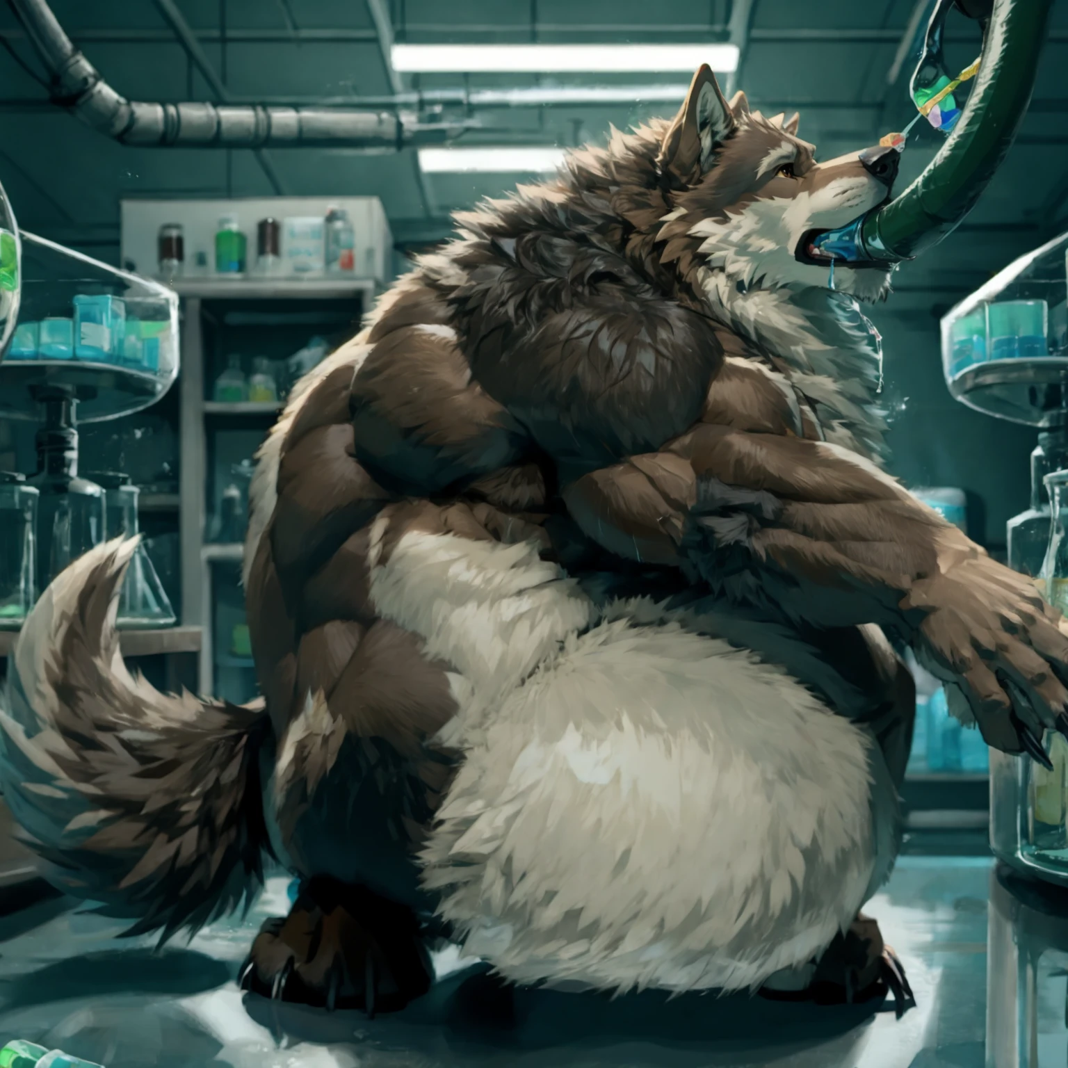 Fluffy brown wolf、Wolf with a hose in his mouth、A thick hose in the mouth、Very obese wolf、Laboratory Background、Laboratory Background、Sharp claws on the toes、、Sitting pose、Hairless head、Very developed butt muscles、Full body wolf fur、Howling pose、Upward facing face、Completely naked、Abnormally large muscles、Large amounts of medicine、condom、Fluffy, long body hair、Long brown hair all over the body、Very long and profuse armpit hair、Chemical spilled on the floor