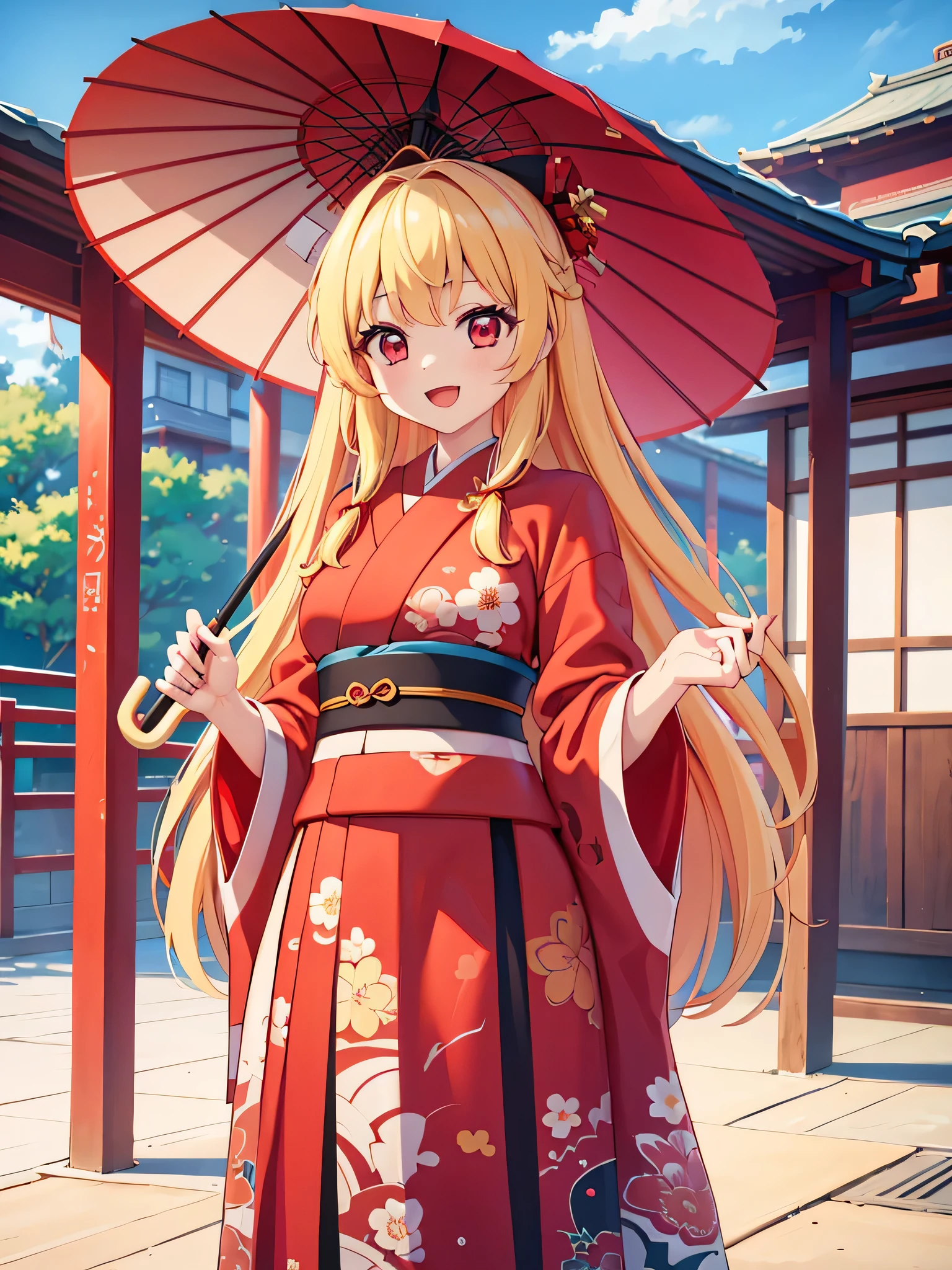 RED_Ribbon_on_HAIR_band,highest quality, Ultra-detailed 8k CG rendering, masterpiece, High resolution, Very detailed,
Samurai girl with voluptuous beauty,upper_body,
Small_breasts,
, Blonde Hair, an asian artist in a japanese dress holding a red umbrella, 1girl, solo, umbrella, japanese clothes, flower, twin braids, braid, smile, oil-paper umbrella, skirt, red eyes, kimono, wide sleeves, tail, holding, outdoors, holding umbrella, floral print, red flower, long sleeves, :d, long hair, looking at viewer, bangs, east asian architecture,, pink kimono, open mouth, architecture, pleated skirt, black skirt