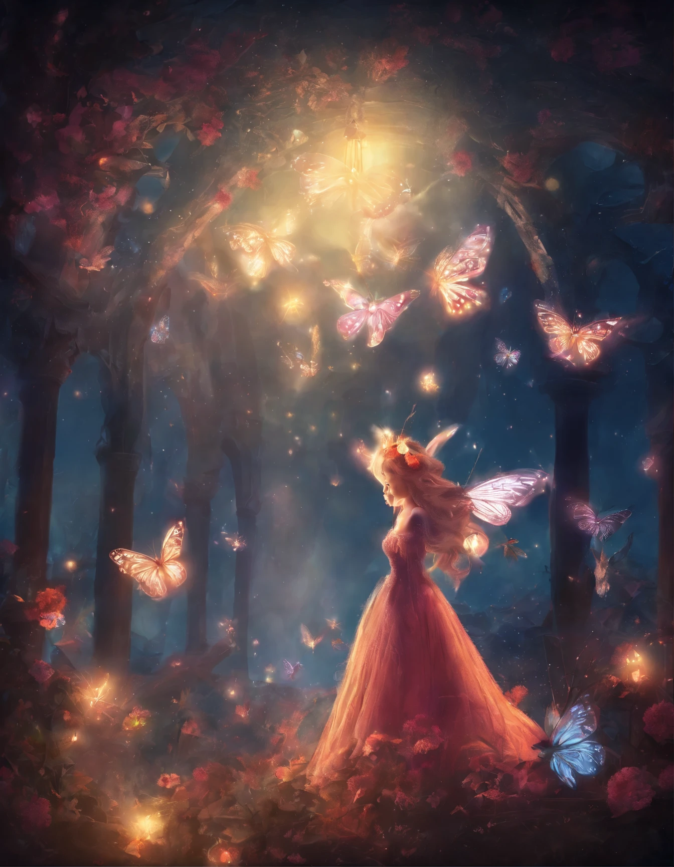 butterflies are flying around a spider web in the dark, 🌺 cgsociety, glowing butterflies, butterflies and sunrays, by Mike Winkelmann, beautiful gorgeous digital art, by Marie Bashkirtseff, full of glass. cgsociety, fairy cgsociety, butterfly lighting, by Cyril Rolando, very beautiful digital art, butterfly, beautiful digital art, beautiful!!! digital art