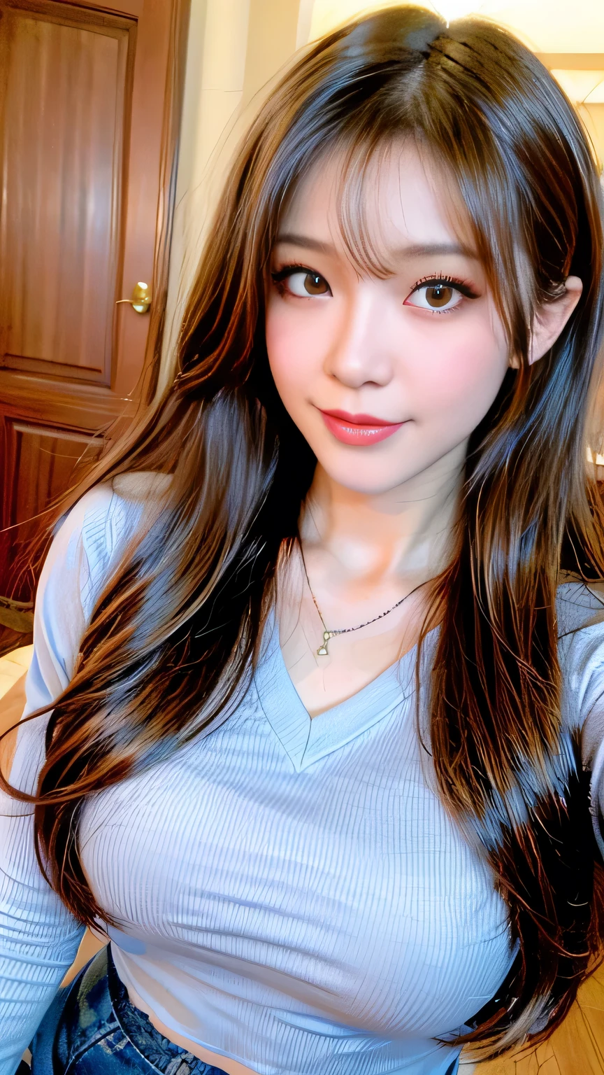 Full Body Angle、((highest quality, 8K, masterpiece: 1.3)), concentrated: 1.2, Cute girl 1, erect、 ct beauty: 1.4,Crisscross V-neck T-shirt, Casual summer short sleeve t-shirt: 1.2,Long sleeve、Randall Color、comics&Text Graphics、Black ruffle-trimmed drawstring zip blouse,1.1, Highly detailed face and skin textures, Fine grain, double eyelid, whitening skin, ,highest quality,Ultra-high resolution,you,1 girl,alone,_Shiny_skin,Iris,necklace,((Brown_length_Wavy_hair)),(lips)),eyelash,Front hair,deal with,compensate,Shiny,pore,skin texture,Large Breasts、smile、Blue Miniskirt Police、