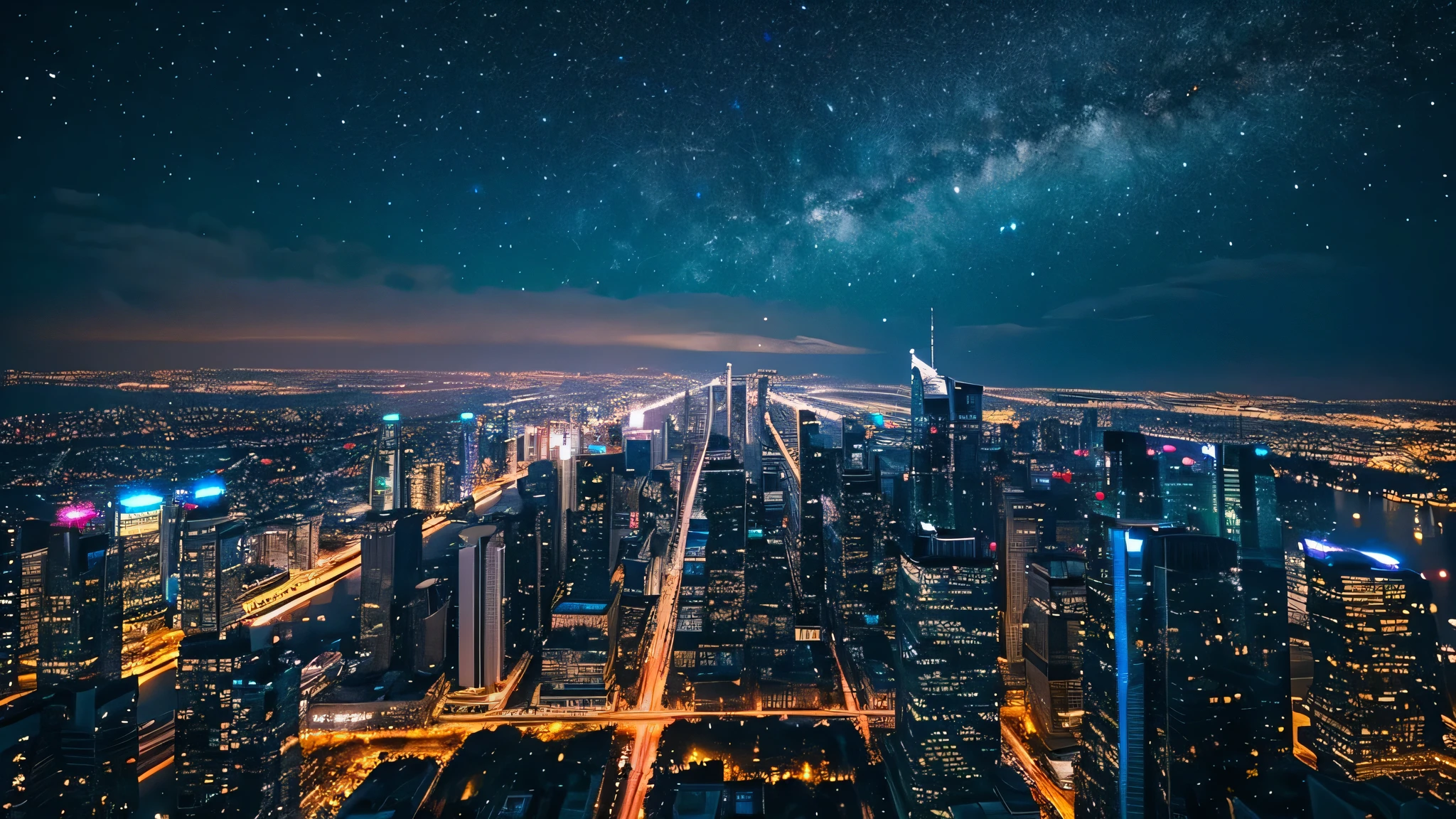Generate an image depicting city lights bursting across the night sky。Skyscrapers and street lights sparkle、The night sky is studded with stars。