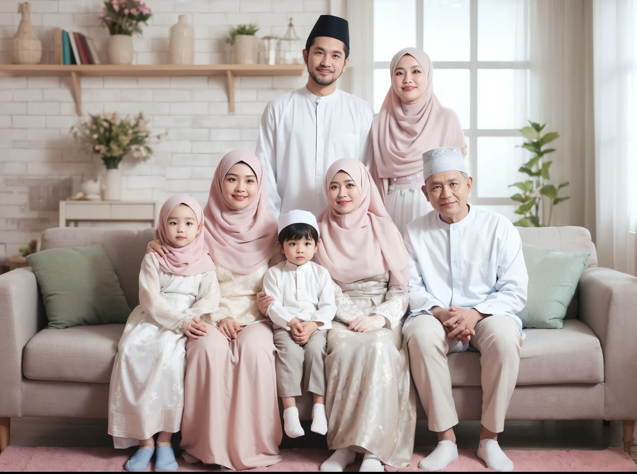 Indonesian family photo, six members, 60-year-old father and mother, one woman and three men, they are wearing matching blue and black batik shirts, and a blue-black Muslim kebaya, wearing hijabs, realistic photo, living room background, daylight lighting, green flower vase, best photography, UHD, 32K 