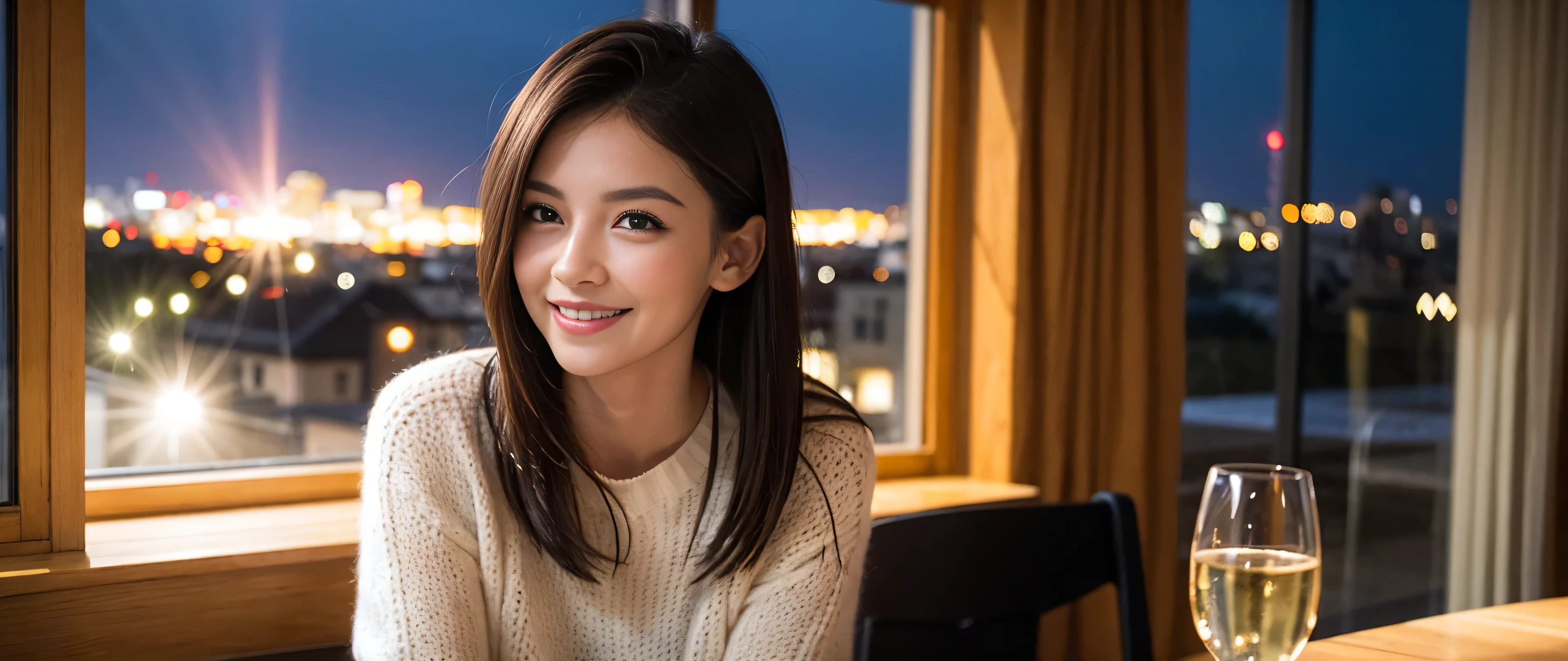((highest quality、8k、masterpiece:1.3))、1 male 1 female、couple、Lovers couple、Slim body、((Bob Hale、Straight hair:1.2))、(Realistic, Intricate details:1.2), Wine glass on the table、Shine light on your face、 Amazing view of the sunset sky and clouds、Amazing mountain views、A bright smile、A lovely woman with a smile、Bright image、Beautiful Face, blue eyes, The light shines on your face, Blushing, short hair,Bright Face、Fox face、 (36 years old), 39 years old, Lady、red wine 、Appetizers、Italian food、Wine bottle、Champagne、sparkling wine、Two beauties、Brown Hair、Shortcuts、Long sleeve shirt、dress、Pretty Woman 1, (Slim face), (The body is slim), (Brown Hair), (Shortcuts), cheeks turn a little red,Attractive beauty、, Out of the window, A beautiful and detailed night view unfolds.........., restaurant, In a prominent place (From the waist up) Nova Frog Style, actress, model, Upper Body, White wine, slim, wine glass, A wine glass placed in the middle, smile, (smile: 1.15), Beautiful fine grain, Depth f/2,saturation, High Contrast, Strong light and shadow,Moist Body:1.5、3D texture、Delicate eyes、Brown Hair、The hair is very shiny、