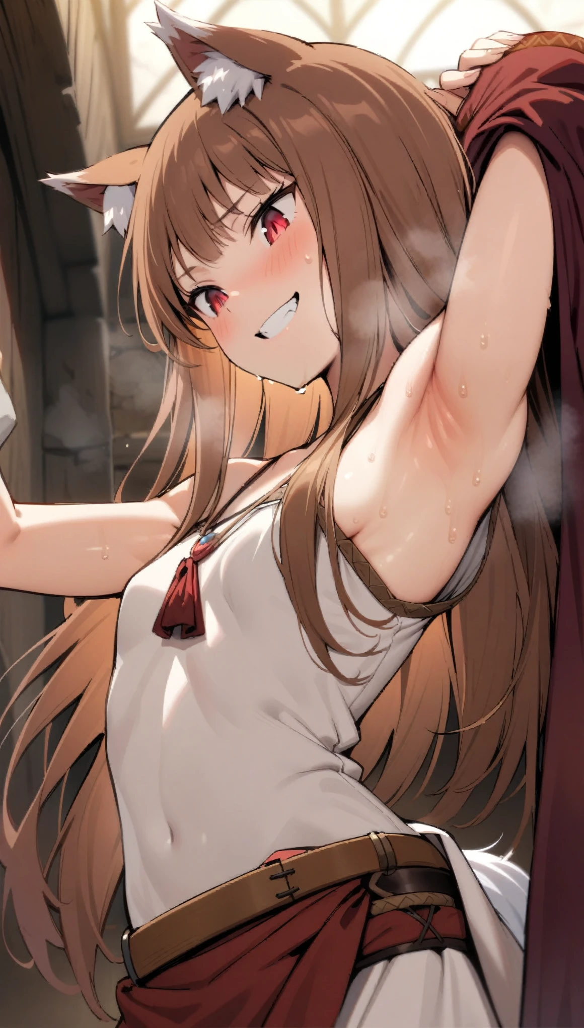 (masterpiece:1.2), hyper detail, best quality, (intricate_details:1.1), beautiful detailed, beautiful hair, solo,1girl, holo, /(spice and wolf/), wolf girl, detailed beautiful face and eyes, detailed red eyes, deep crimson eyes, detailed brown hair, intricate hair, long hair, animal ears, wolf ears,slim body, glowing eyes, small breasts, slender, slim,smiling with teeth, happy, medieval clothes,white short sleeves dress, red fabric belt, woven belt, ring accessory, The Promise of the Wise Wolf, Simple necklace, fabric ribbon,robe_cape,robe half off shoulder,shoulder,upper body,hand holding coat, sweating,heavy breathing,steam,blush,open robe,greasy shoulder,from below,looking down,hand up,armpit,greasy armpit,from side, shoulder focusblurry_background,sweating,greasy shoulder,from below,looking side,flipped hair,armpit,greasy armpit,from side, shoulder focus,((armpit focus)),bare shoulder,upper body,five fingers,(sideboobs),five fingers,((greasy armpit)),((smooth armpit)),((Pupil details)),backlighting,((Stretch oneself)),((hand on chest)),((five fingers)),((Detailed armpit)),((elastic armpit)),((soft armpit)),pov,