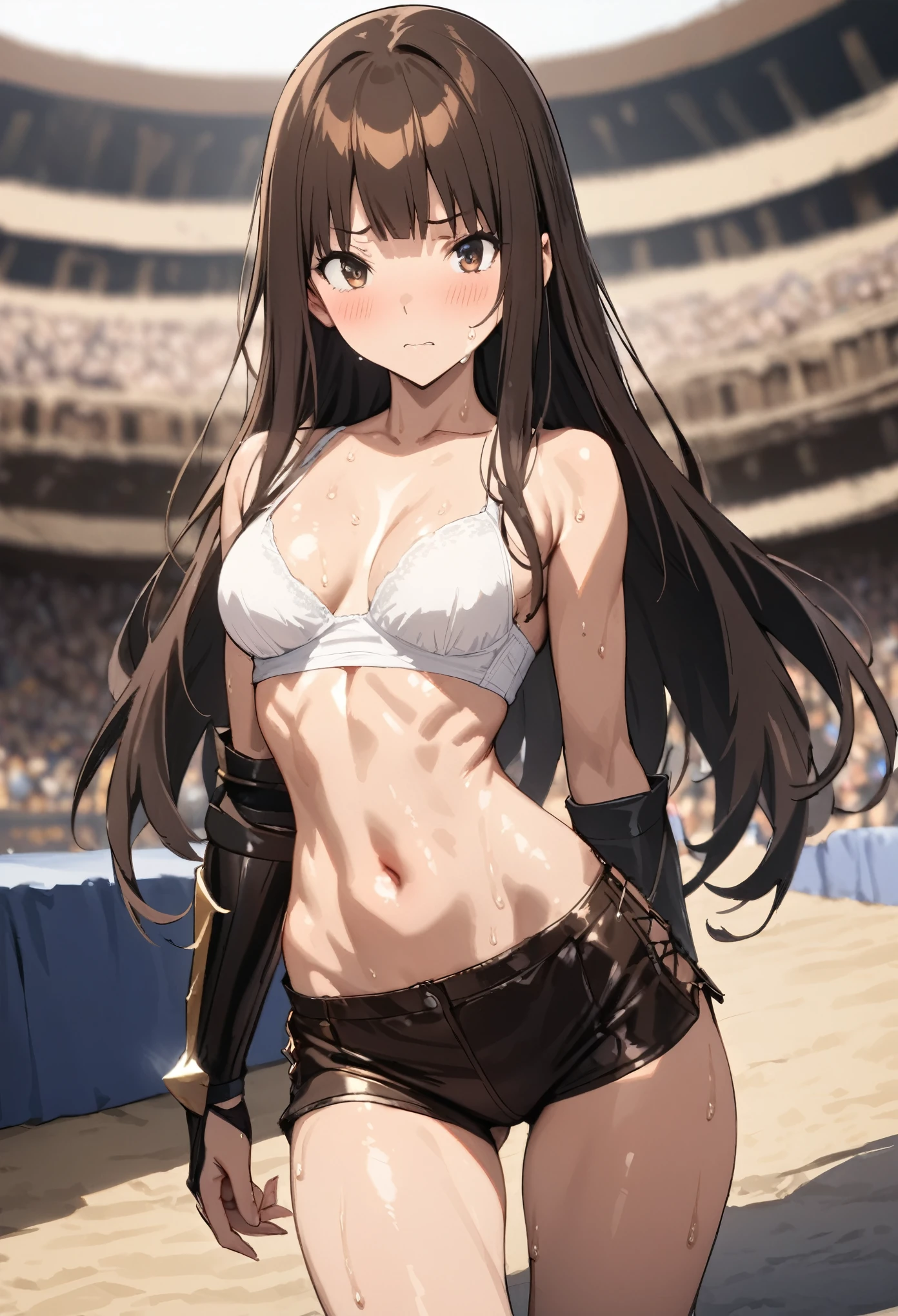 ((masterpiece, highest quality:1.2)), in perspective,cowboy shot,1woman,20 year old beauty,solo,((very small head)),long hair,dark brown hair,brown eyes,blunt,((very long and slender body)),toned body,skinny,medium breasts,oily skin,shiny skin,strong,sweat,White tube top bra、navel、Leather micro shorts、Leather Gauntlets、During a martial arts match、Ancient Arena、Colosseum、