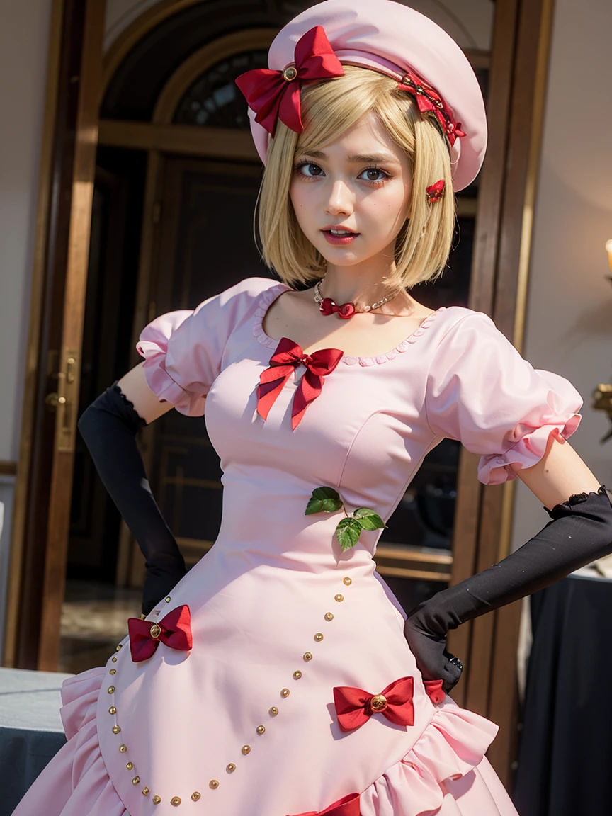 (1 lady), The beautiful, (Best quality at best:1.4), (ultra - detailed), (extremely detailed CG unified 16k), gold blonde hair, very detailed, High-definition RAW color photo, professional photoshooting, amazing face and eyes, cosmetics, (amazingly beautiful girl), ((lambdadelta, tall woman, taller)), ((dress, red bow, pink hat, necklace, gloves, pearl, pink dress)), standing, realistic cinematic face, photo portrait, upper body (shoulders to head), photorealistic, ((realistic natural blonde hair style, red eyes)), gorgeous, extremely beautiful face, perfect model beauty, pout mouth, flirting smile, cleavages, city girl, western, (masterpiece), best quality, high resolution, extremely detailed, blurred background, depth of field, cinematic lighting, clear and well-cared skin