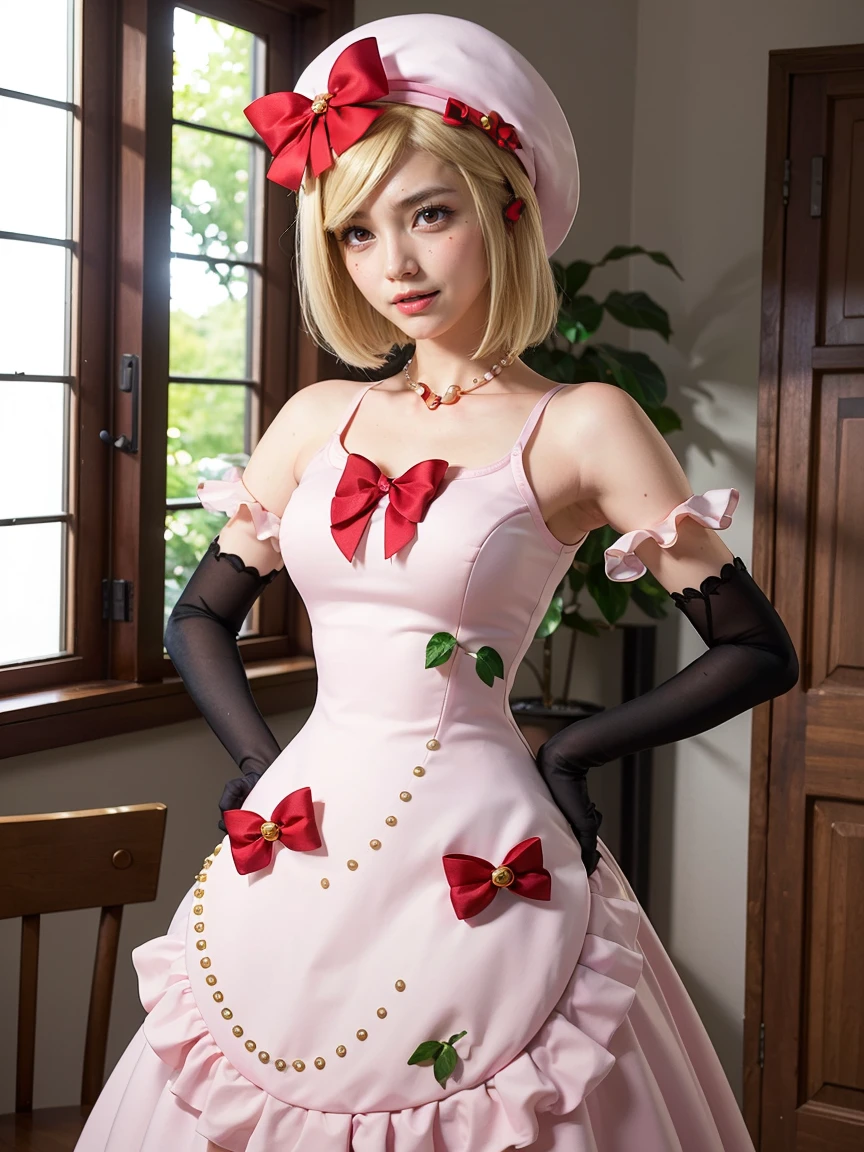 (1 lady), The beautiful, (Best quality at best:1.4), (ultra - detailed), (extremely detailed CG unified 16k), gold blonde hair, very detailed, High-definition RAW color photo, professional photoshooting, amazing face and eyes, cosmetics, (amazingly beautiful girl), ((lambdadelta, tall woman, taller)), ((dress, red bow, pink hat, necklace, gloves, pearl, pink dress)), standing, realistic cinematic face, photo portrait, upper body (shoulders to head), photorealistic, ((realistic natural blonde hair style, red eyes)), gorgeous, extremely beautiful face, perfect model beauty, pout mouth, flirting smile, cleavages, city girl, western, (masterpiece), best quality, high resolution, extremely detailed, blurred background, depth of field, cinematic lighting, clear and well-cared skin
