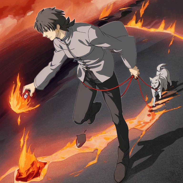 Kirei Kotomine walking his dog on the lava