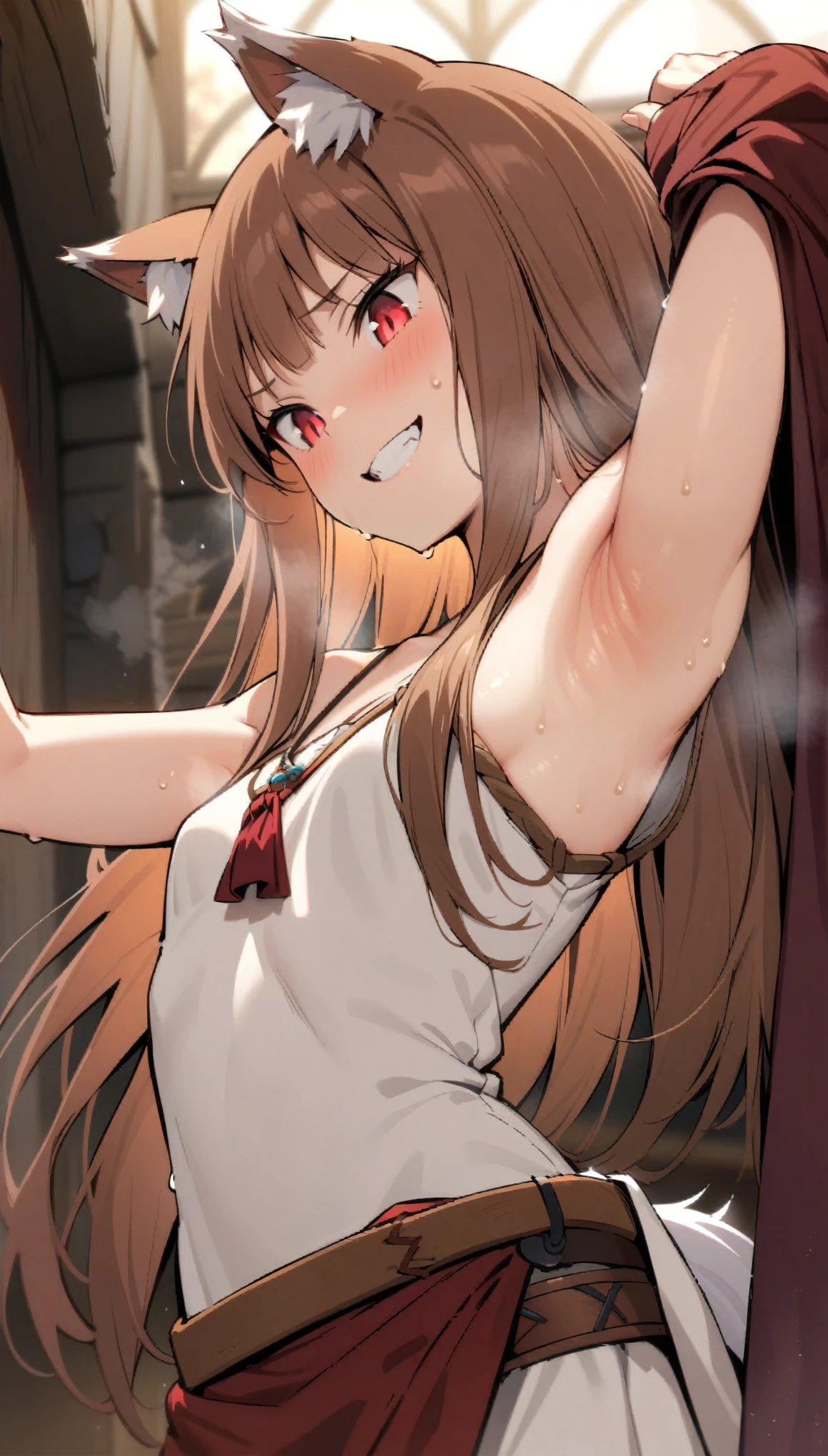 (masterpiece:1.2), hyper detail, best quality, (intricate_details:1.1), beautiful detailed, beautiful hair, solo,1girl, holo, /(spice and wolf/), wolf girl, detailed beautiful face and eyes, detailed red eyes, deep crimson eyes, detailed brown hair, intricate hair, long hair, animal ears, wolf ears,slim body, glowing eyes, small breasts, slender, slim,smiling with teeth, happy, medieval clothes,white short sleeves dress, red fabric belt, woven belt, ring accessory, The Promise of the Wise Wolf, Simple necklace, fabric ribbon,robe_cape,robe half off shoulder,shoulder,upper body,hand holding coat, sweating,heavy breathing,steam,blush,open robe,greasy shoulder,from below,looking down,hand up,armpit,greasy armpit,from side, shoulder focusblurry_background,sweating,greasy shoulder,from below,looking side,flipped hair,armpit,greasy armpit,from side, shoulder focus,((armpit focus)),bare shoulder,upper body,five fingers,(sideboobs),five fingers,((greasy armpit)),((smooth armpit)),((Pupil details)),backlighting,((Stretch oneself)),((hand on chest)),((five fingers)),((Detailed armpit)),((elastic armpit)),((soft armpit)),pov,