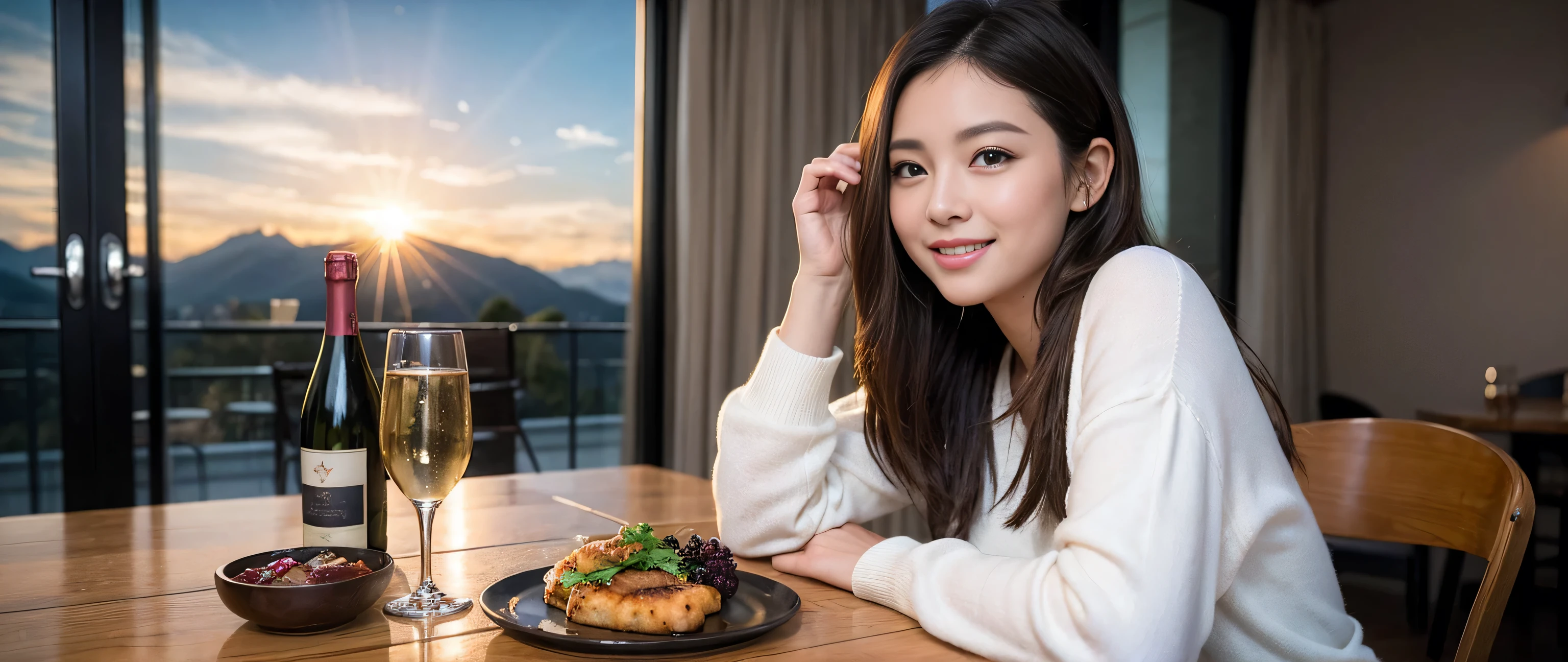 ((highest quality、8k、masterpiece:1.3))、1 male 1 female、couple、Lovers couple、Slim body、((Bob Hale、Straight hair:1.2))、(Realistic, Intricate details:1.2), Wine glass on the table、Shine light on your face、 Amazing view of the sunset sky and clouds、Amazing mountain views、A bright smile、A lovely woman with a smile、Bright image、Beautiful Face, blue eyes, The light shines on your face, Blushing, short hair,Bright Face、Fox face、 (36 years old), 39 years old, Lady、red wine 、Appetizers、Italian food、Wine bottle、Champagne、sparkling wine、Two beauties、Brown Hair、Shortcuts、Long sleeve shirt、dress、Pretty Woman 1, (Slim face), (The body is slim), (Brown Hair), (Shortcuts), cheeks turn a little red,Attractive beauty、, Out of the window, A beautiful and detailed night view unfolds.........., restaurant, In a prominent place (From the waist up) Nova Frog Style, actress, model, Upper Body, White wine, slim, wine glass, A wine glass placed in the middle, smile, (smile: 1.15), Beautiful fine grain, Depth f/2,saturation, High Contrast, Strong light and shadow,Moist Body:1.5、3D texture、Delicate eyes、Brown Hair、The hair is very shiny、