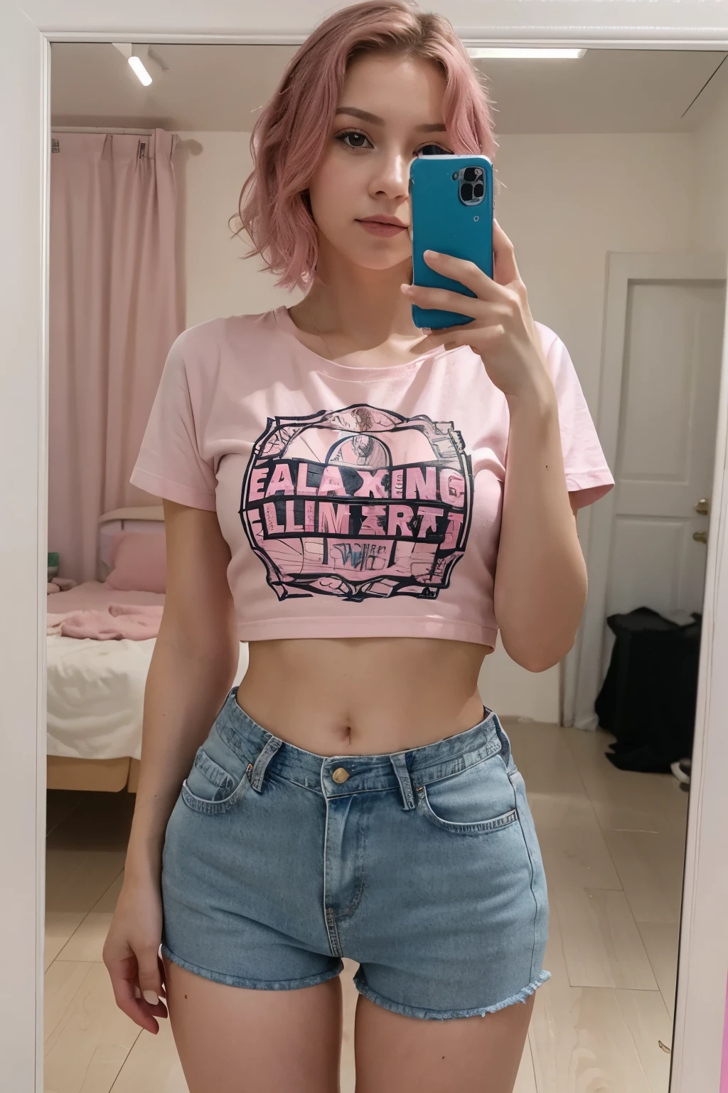 photo of young woman, (Olinka Matros), (Pink) short wavy hair, wearing t-shirts. jeans, shapely legs, holding mobile phone, taking selfie in mirror, rim lighting, ultra quality, sharp focus, dof, Fujifilm XT3, Nikon d350, digital photograph, photorealistic