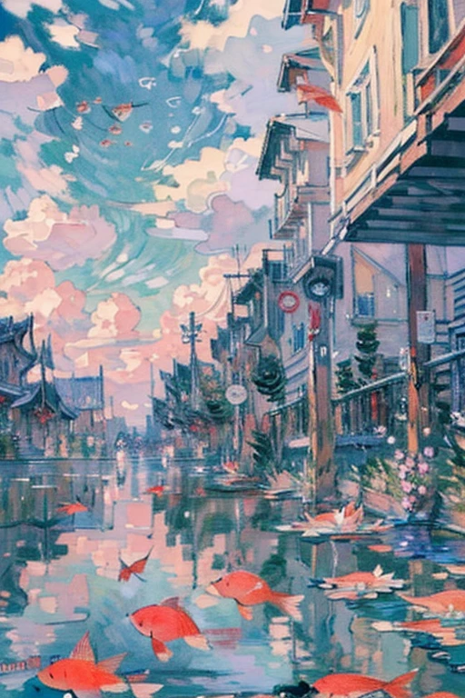 (art by Claude Monet:1.25),Impressionism,leinairisme,quality\(8k,best quality,masterpiece,cinematic\), 1girl\(cute, kawaii,small kid,skin color white,smile ,hair floating,hair color blond,short bob hair,eye color cosmic,big eyes,black sailor uniform,walking,view from below\),background\(outside,messy slum,view from below,(many carps swiming in the sky:1.8),\)