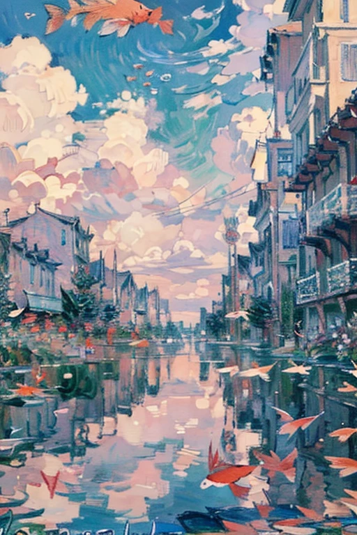 (art by Claude Monet:1.25),Impressionism,leinairisme,quality\(8k,best quality,masterpiece,cinematic\), 1girl\(cute, kawaii,small ,skin color white,smile ,hair floating,hair color blond,short bob hair,eye color cosmic,big eyes,black sailor uniform,walking,view from below\),background\(outside,messy slum,view from below,(many carps swiming in the sky:1.8),\)