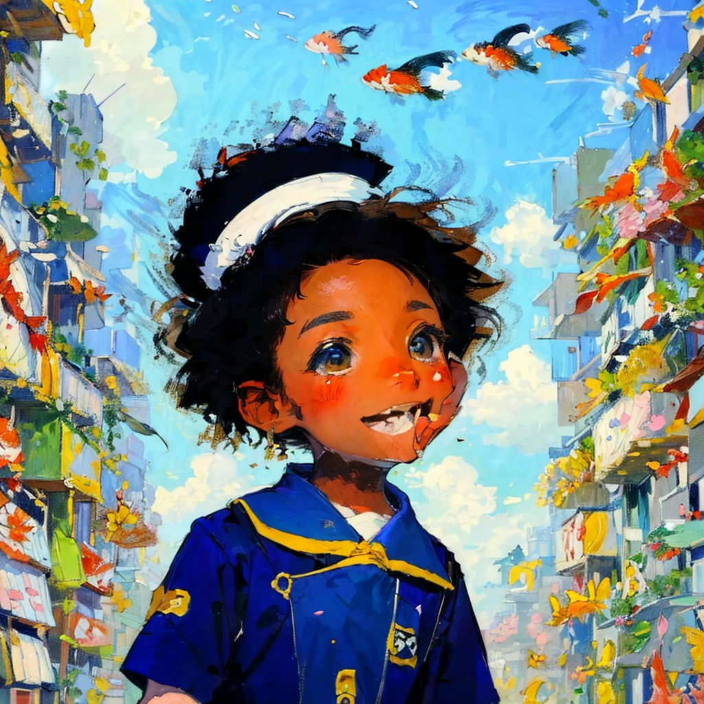 (art by Claude Monet:1.25),Impressionism,leinairisme,quality\(8k,best quality,masterpiece,cinematic\), 1girl\(cute, kawaii,small ???,skin color white,smile ,hair floating,hair color blond,short bob hair,eye color cosmic,big eyes,black sailor uniform,walking,view from below\),background\(outside,messy slum,view from below,(many carps swiming in the sky:1.8),\)