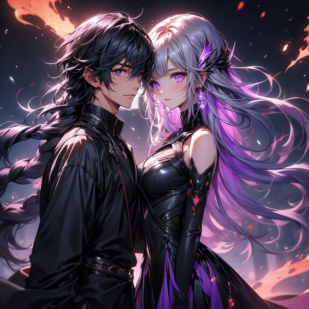 c0upl3、yinji、、Purple Eyes、Long Hair、Twin braids、Purple Hair、Multicolored Hair、Elbow Handbags、bangs、非常にLong Hair、Bare shoulders、Black Skirt、Gray Hair、dress、smile、Side cut-outs、Covered navel、Side cut-outs、下から赤い🔥につつまれているようなオーラ、A handsome man holds her from behind、