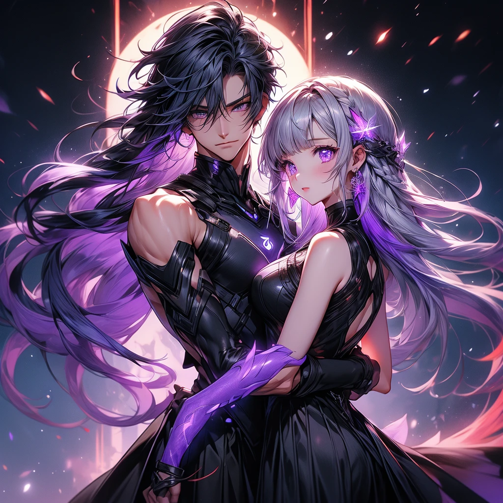 c0upl3、yinji、、Purple Eyes、Long Hair、Twin braids、Purple Hair、Multicolored Hair、Elbow Handbags、bangs、非常にLong Hair、Bare shoulders、Black Skirt、Gray Hair、dress、smile、Side cut-outs、Covered navel、Side cut-outs、下から赤い🔥につつまれているようなオーラ、A handsome man holds her from behind、