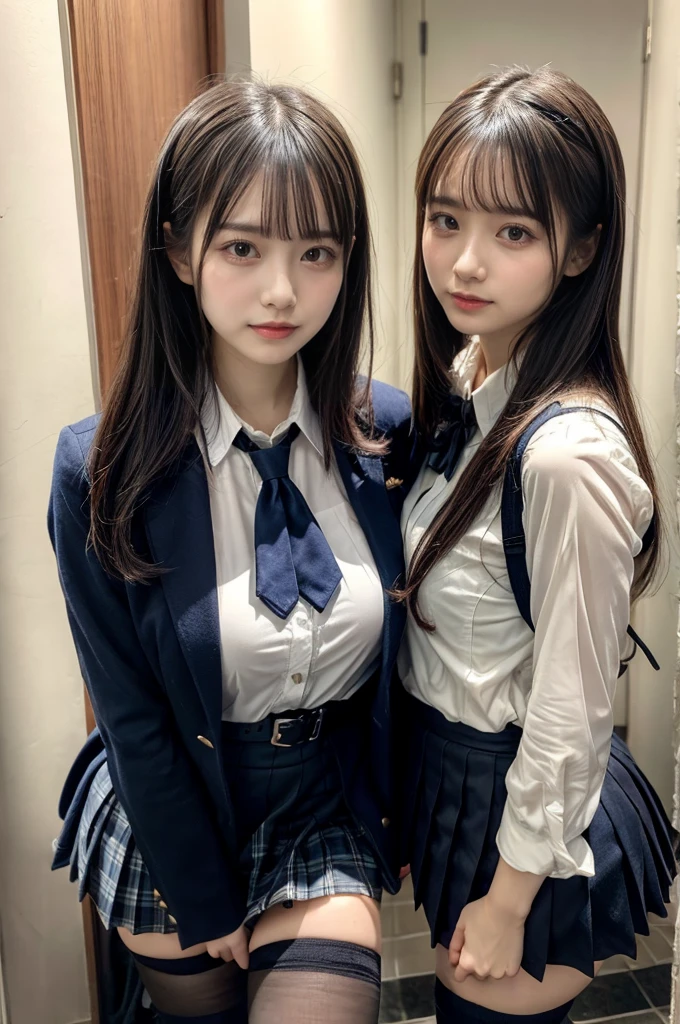 muster piece, best quality, illustration, Super detailed, fine details, High resolution, 8K,wall paper, perfect dynamic composition,(Details High quality, realistic depiction of eyes:1.3), ((2 girls, 2 schoolgirls)), The background is a luxury hotel room、High school girl uniform、blazer 、Super Short Check Uniform Skirt、Navy blue high socks、garterbelts、Colossal tits、Disturbed uniform, Play with each other,Touching each other's bodies,Touching the body of the girl next door, short bob hair, black hair color, huge breasts, Big Natural Color Lip, bold sexy pose, (perfect body shape), crying a little、cold gaze, Harajuku style、20 year old girl、 beautiful legs, hposing Gravure Idol, Voluptuous thighs