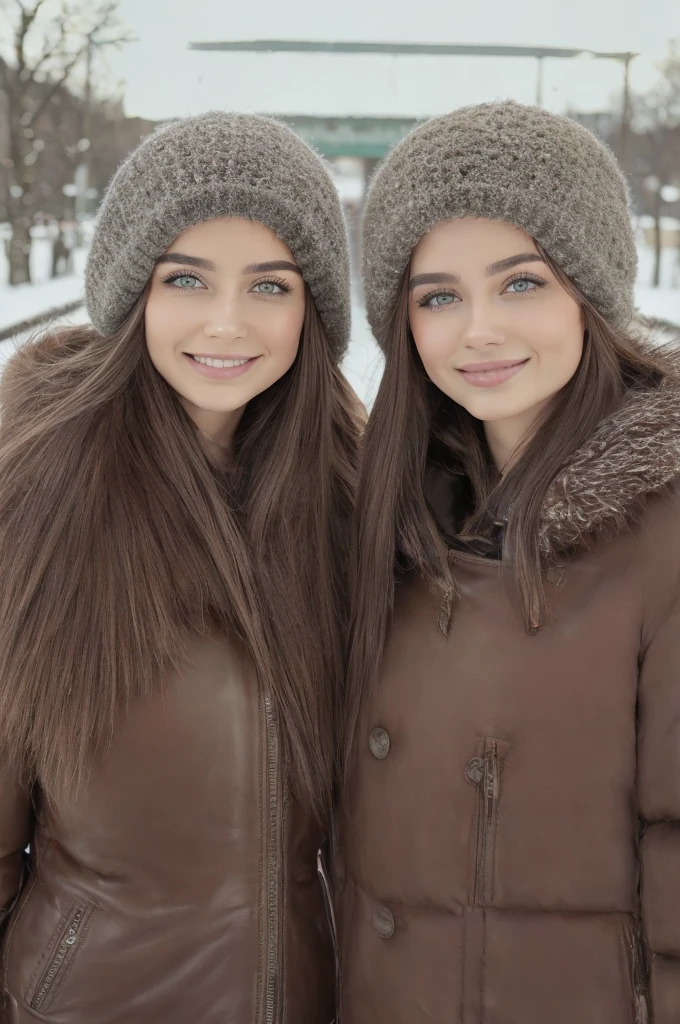 Professional photograph, best quality, 8K, hyper detailed, half body, A close up portrait of two gorgeous, beautiful, wonderful women, argentinian and russian females together posing for the camera, both women have super long hair, argentinian girl has dark brown hair and russian girl has light brown hair, the both of them are wearing winter outfits, both girls are wearing leather jackets. Both women are wonderful, dream, ethereal, timeless, majestic beauties from Argentina and Russia, hispanic and slavic dream beauties who comes to the hearts. They're glad, smiling and enjoying a day at park in winter. True friendship, they pose happy for the camera. Railway station at background.