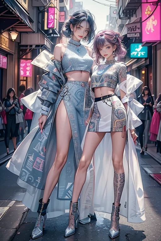 highest quality, Very detailed, masterpiece, Two women posing,(((Perfect female body))),Very beautiful face, Very beautiful body,Gentle expression, Very beautiful eyes,(Perfect Makeup:1.1),Fashion Model,pop punk fashion, Mullet Cut,Shaggy Hair,pink and blue hair:1.3, Very thin body,Smart Abs, Monogram pattern,Various gradations,military,Two-tone high-top sneakers,A kind smile,Full body portrait,(Cyber City:1.3), (Shiny skin),(Earrings),Elegant scarves,See-through shawl,