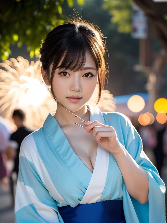 (highest quality:1.5), (Real:1.5), (1 person:1.5), Medium Shot, (Very detailed), (High resolution), 8k, medium breasts, Natural color lip, Japanese women, 24 year old girl, Thin eyebrows, Beautiful and elegant face, Cute face, Arched thin eyebrows, (Large, balanced eyes), Big Eyes, Fair skin, Beautiful and elegant face, Natural Bangs, Beautiful and thin nose, Beautiful Skin, Medium Bob Hair, Natural Bangs, Perfect and beautiful facial features, Slim face and figure, (Bright lighting), Professional Lighting, (Lighting from the front), Outdoor, Beautiful cleavage, 1 person girl, Cute and sexy slim 24 year old woman, Fair skin, (A dreamy look), (yukata), (medium breasts), (A simple pose facing forward), (Beautiful Obi), Beautiful clavicle, (Brightly colored fireworks burst into flames at a night festival), summer,