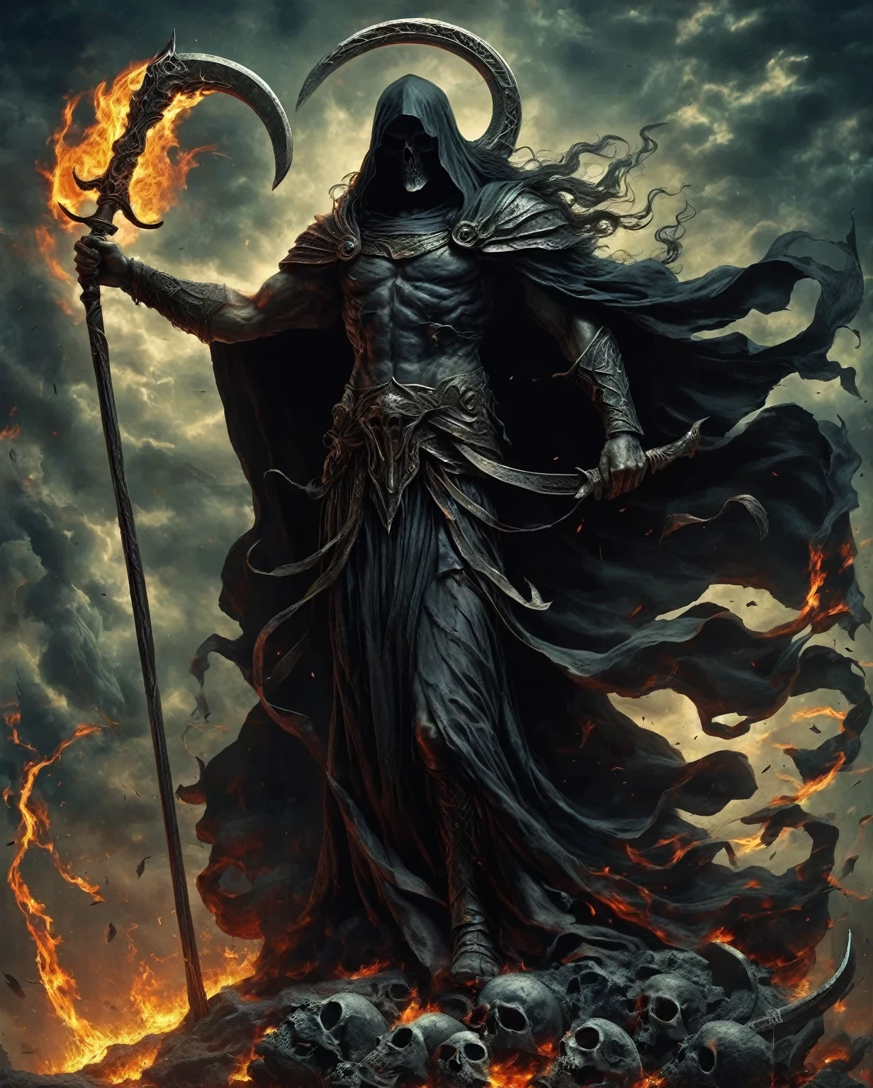 Death is a god in ancient Greek mythology，The god of death，Living in Hades。Death often wears a black cloak，Holding a huge sickle in his hand。Ruled by Hades, the king of the underworld