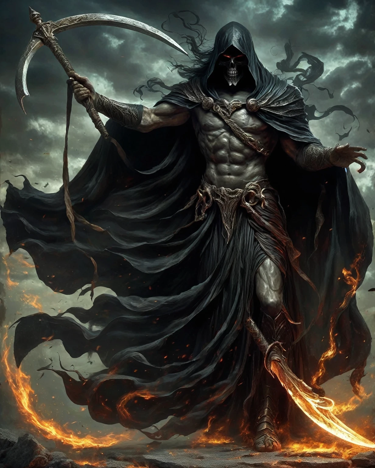 Death is a god in ancient Greek mythology,The god of death,Living in Hades。Death often wears a black cloak,Holding a huge sickle in his hand。Ruled by Hades, the king of the underworld