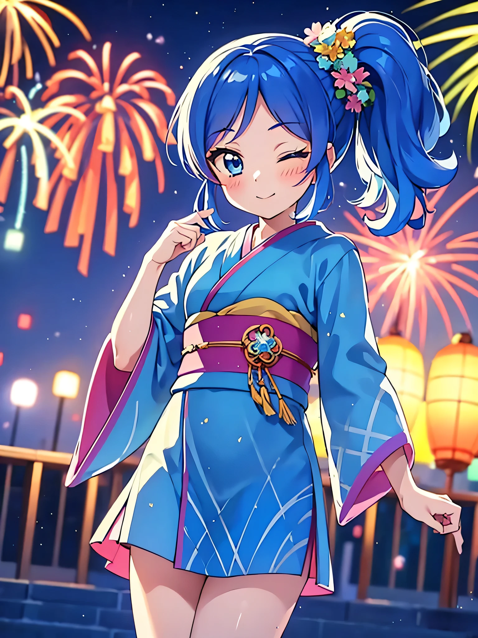 aikatsu,kiriya aoi,anime girl in kimono standing in front of fireworks with eyes closed, 1girl, fireworks, solo, japanese clothes, blue hair, side ponytail, kimono, blue eyes, hair ornament, looking at viewer