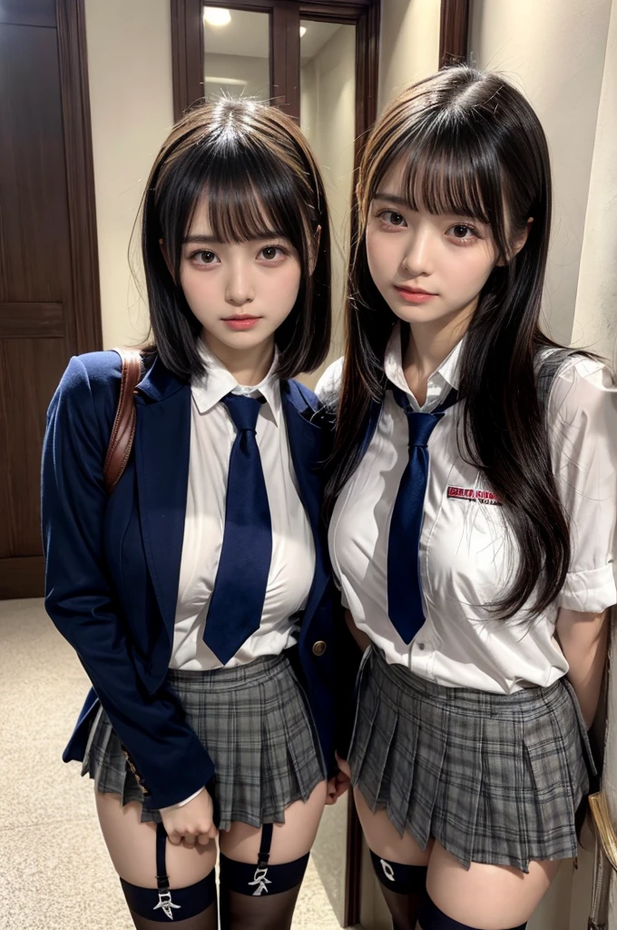 muster piece, best quality, illustration, Super detailed, fine details, High resolution, 8K,wall paper, perfect dynamic composition,(Details High quality, realistic depiction of eyes:1.3), ((2 girls, 2 schoolgirls)), The background is a luxury hotel room、High school girl uniform、blazer 、Super Short Check Uniform Skirt、Navy blue high socks、garterbelts、Colossal tits、Disturbed uniform, Play with each other,Touching each other's bodies,Touching the body of the girl next door, short bob hair, black hair color, huge breasts, Big Natural Color Lip, bold sexy pose, (perfect body shape), crying a little、cold gaze, Harajuku style、20 year old girl、 beautiful legs, hposing Gravure Idol, Voluptuous thighs