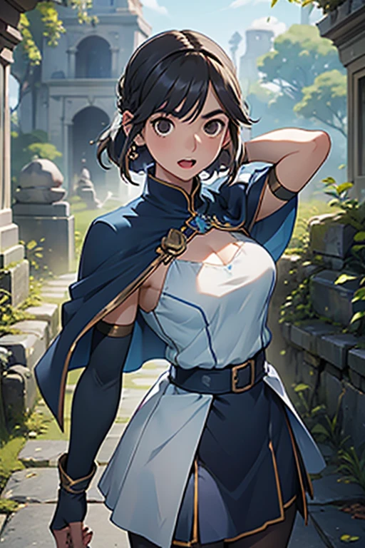 masterpiece, highest quality,High resolution,High-quality images,Detailed eye depiction,Skin luster,Shiny Hair,Fine grain,Adult women,Very detailed,Rin々Nice face,Open Mouth Smile,White, gold, and light blue adventurer uniform,The world of medieval Europe,Show your armpits,Black eyes,The dignity of a hero,,Small hair ornament,tattoo,Cape,Legs visible through the skirt,Natural Beauty,Investigating the dilapidated ruins,The existence of megalithic civilizations,An ancient city of legends,huge stone arch,Stone stairs leading to the back,Cinematic,Large Breasts,Cleavage,equipped with a sword,