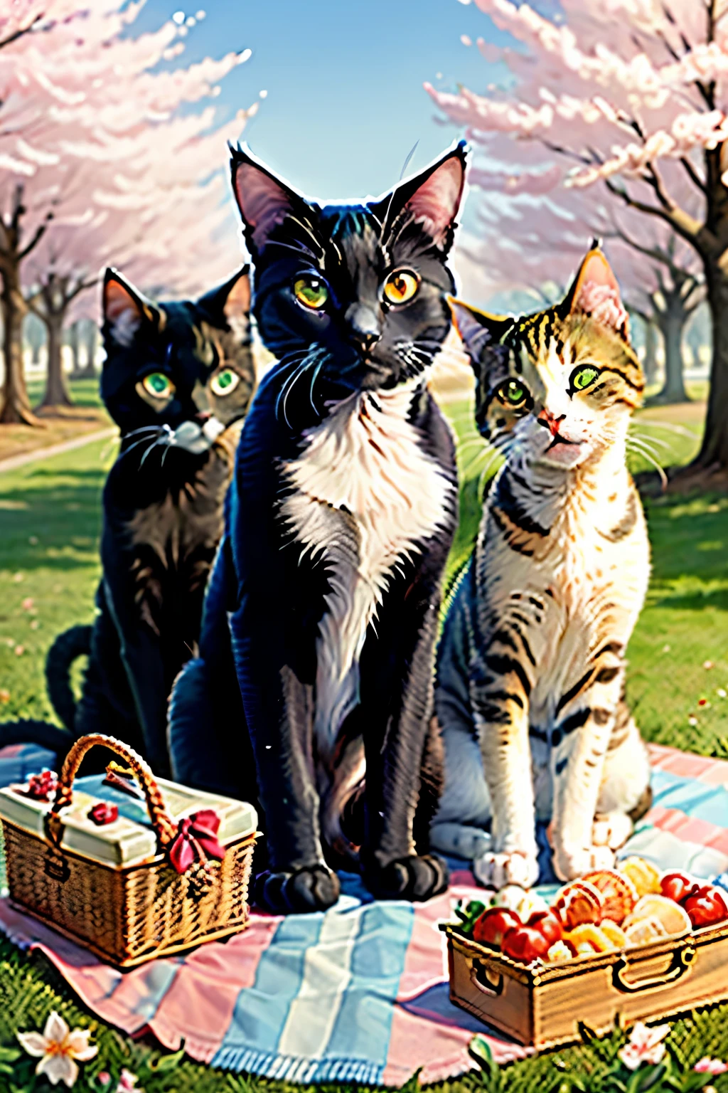 Three cats: A Black Cat, A Tuxedo Cat and a Tabby Cat are doing a picnic under a lot Blooming Sakura Trees