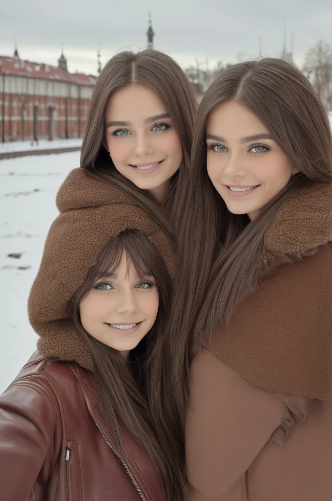 Professional photograph, best quality, 8K, hyper detailed, half body, A close up portrait of two gorgeous, beautiful, wonderful women, argentinian and russian females together posing for the camera, both women have super long hair, argentinian girl has dark brown hair and russian girl has light brown hair, the both of them are wearing winter outfits, both girls are wearing leather jackets. Both women are wonderful, dream, ethereal, timeless, majestic beauties from Argentina and Russia, hispanic and slavic dream beauties who comes to the hearts. They're glad, smiling and enjoying a day at park in winter. True friendship, they pose happy for the camera. Railway station at background.
