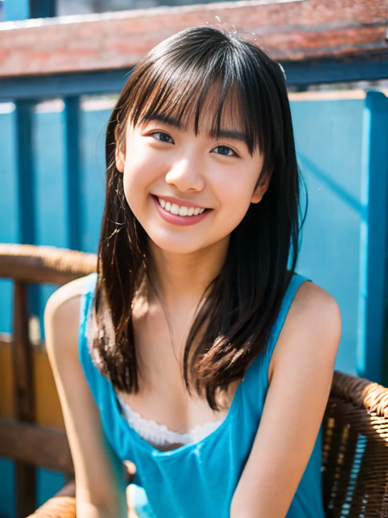 Against the backdrop of a blue wall、A photo of a young Japanese woman in a blue tank top and underwear standing leaning against a wooden chair。Natural light、Her face and body are softly lit。Her face is smiling gently、The overall atmosphere is relaxed。