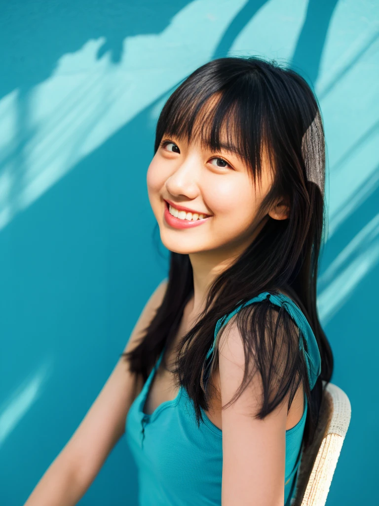 Against the backdrop of a blue wall、A photo of a young Japanese woman wearing a blue tank top and white panties, leaning against a wooden chair。Natural light、Her face and body are softly lit。Her face is smiling gently、The overall atmosphere is relaxed。