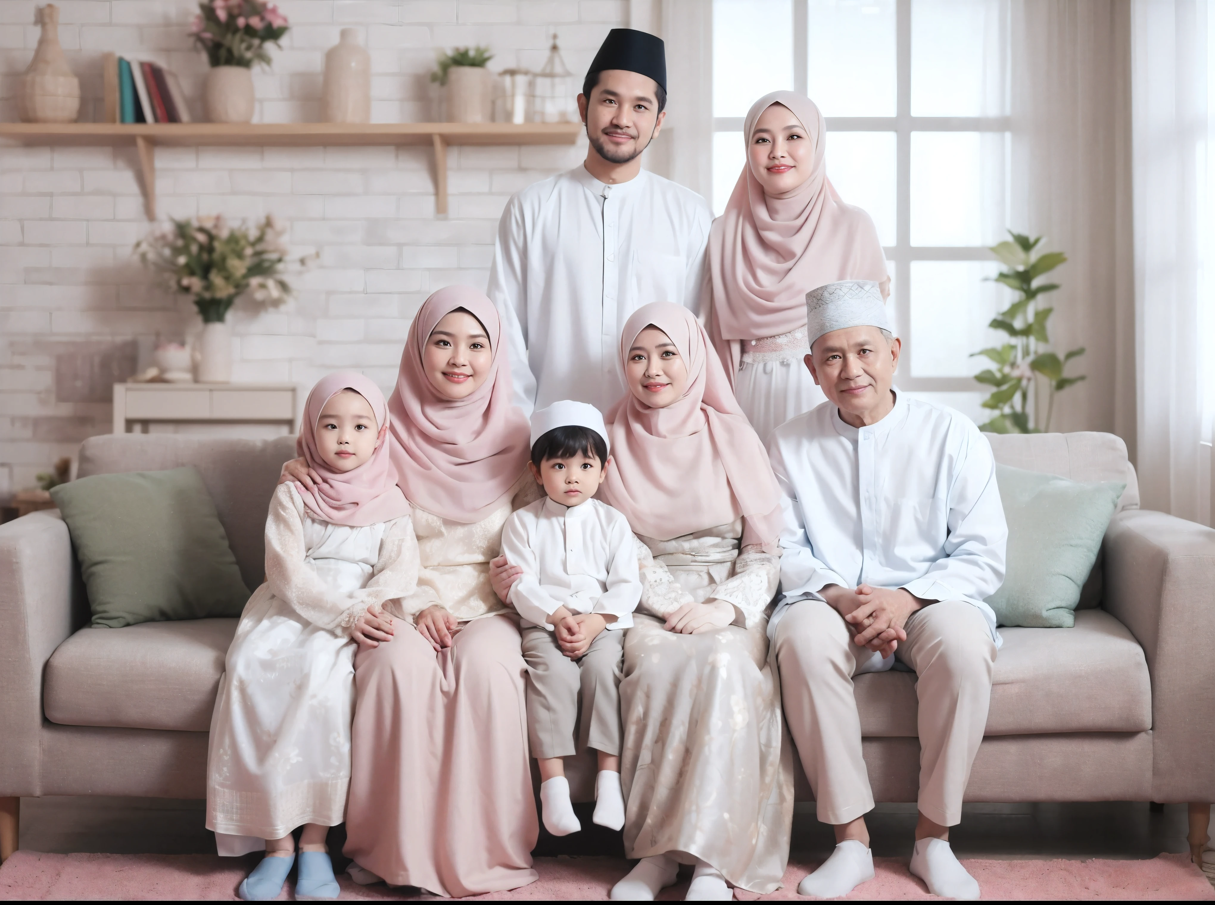 Indonesian family photo, six members, 60-year-old father and mother, one woman and three men, they are wearing matching blue and black batik shirts, and a blue-black Muslim kebaya, wearing hijabs, realistic photo, living room background, daylight lighting, green flower vase, best photography, UHD, 32K