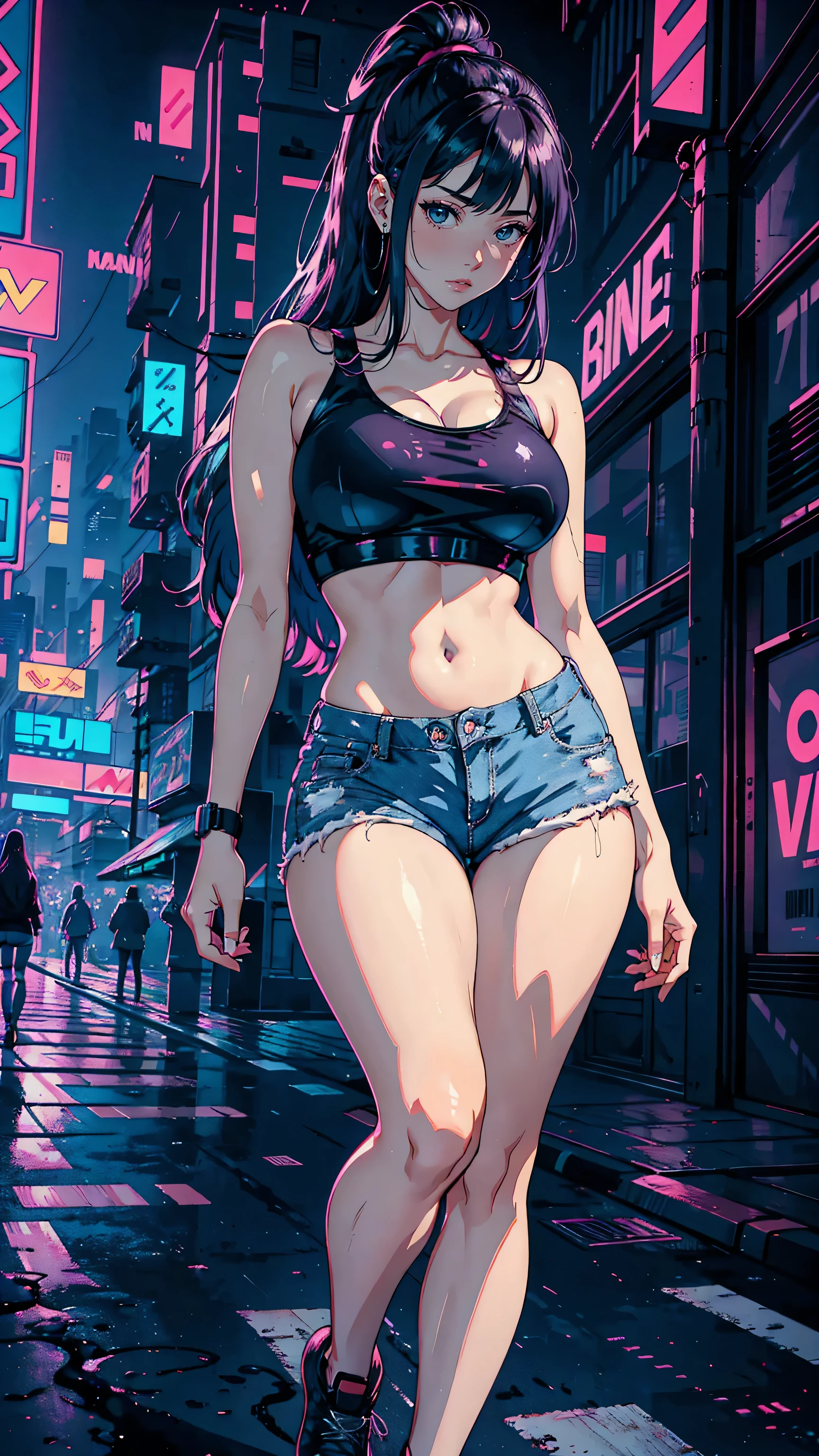 (Hinata Hyuga, Very sensual, In tight clothes, Big Ass, Thick legs, Jean Shorts, Wearing a mini blouse, Navel comes out, Long Hair, Rear speakers, Very realistic, View of the Cyberpunk City, Clearly defined lines, Neon Lights Very Sexy, 8k, 8k Very detailed), (Very delicate and beautiful), (masterpiece), (Better Quality: 1.0), (Ultra-high resolution:1.0), ((Synthwave Background Theme))