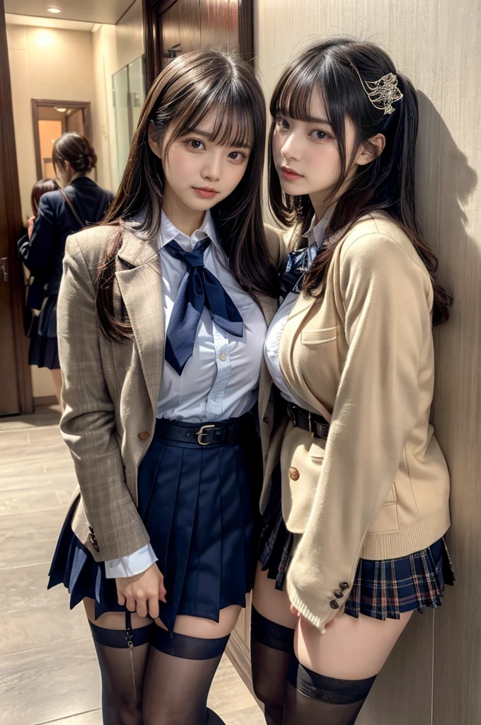 muster piece, best quality, illustration, Super detailed, fine details, High resolution, 8K,wall paper, perfect dynamic composition,(Details High quality, realistic depiction of eyes:1.3), ((2 girls, 2 schoolgirls)), The background is a luxury hotel room、High school girl uniform、blazer 、Super Short Check Uniform Skirt、Navy blue high socks、garterbelts、Colossal tits、Disturbed uniform, Play with each other,Touching each other's bodies,Touching the body of the girl next door, short bob hair, black hair color, huge breasts, Big Natural Color Lip, bold sexy pose, (perfect body shape), crying a little、cold gaze, Harajuku style、20 year old girl、 beautiful legs, hposing Gravure Idol, Voluptuous thighs