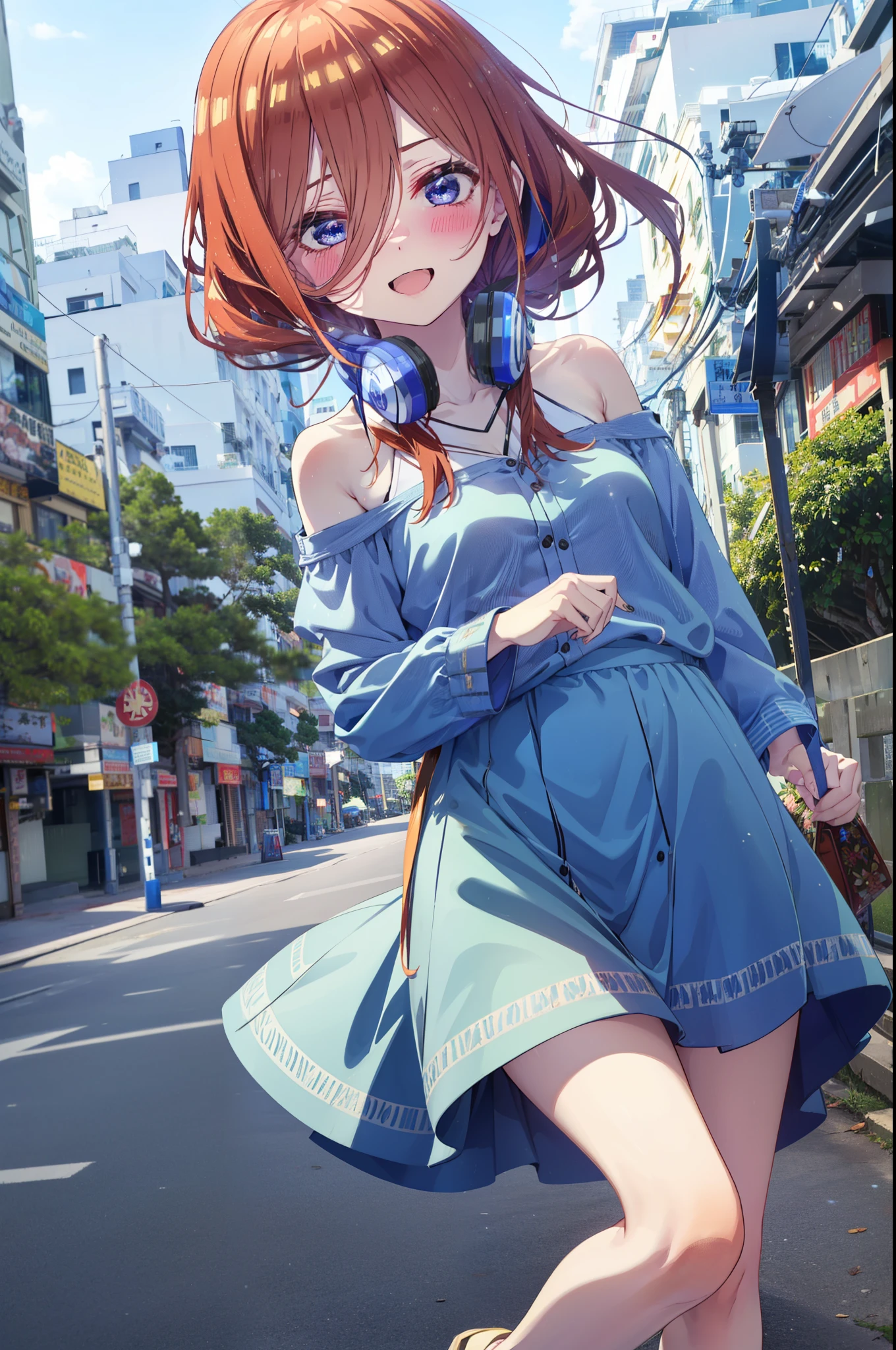 Mikunakano, Miku Nakano, Long Hair, bangs, blue eyes, Brown Hair, shirt, Hair between the eyes, Headphones around the neck,happy smile, smile, Open your mouth,Off-the-shoulder blue dress,Bare shoulders,bare clavicle,Bare neck,Bare arms,Blue long skirt,Cute heeled sandals,Real Summer,Daytime,sunny,My hair is blowing in the wind,whole bodyがイラストに入るように,Looking up from below,
break outdoors, city,海岸通り
break looking at viewer, whole body,
break (masterpiece:1.2), highest quality, High resolution, unity 8k wallpaper, (shape:0.8), (Beautiful details:1.6), Highly detailed face, Perfect lighting, Highly detailed CG, (Perfect hands, Perfect Anatomy),
