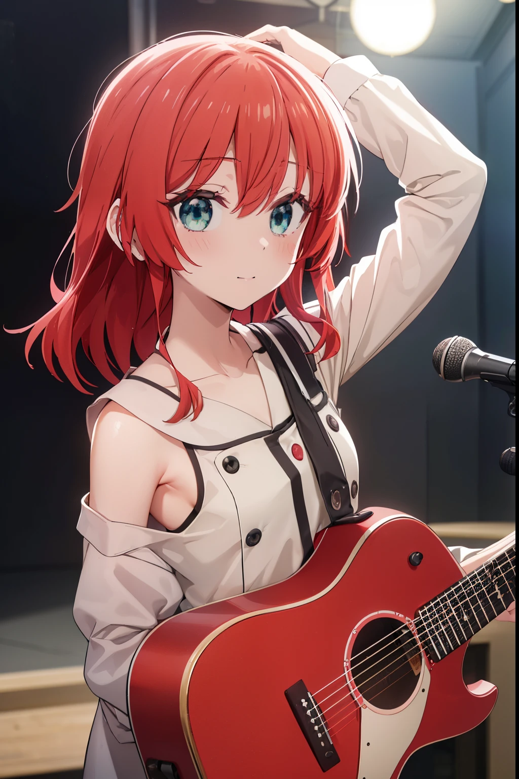 Kita Ikuyo、blush,smile、Red hair、Band member、I'm in a band、uniform、Pulling the guitar、***********************、The back is very small、Lolita、Small breasts、Please show me your armpits、exterior: ************、Shoulder Bare、The clavicle is visible、Sexy thighs、Beautiful feet、Usual hairstyle、highest quality, High resolution, unity 8k wallpaper, (shape:0.8), (Beautiful and beautiful eyes:1.6), Highly detailed face, Perfect lighting, Extremely detailed CG, (Perfect hands, Perfect Anatomy),