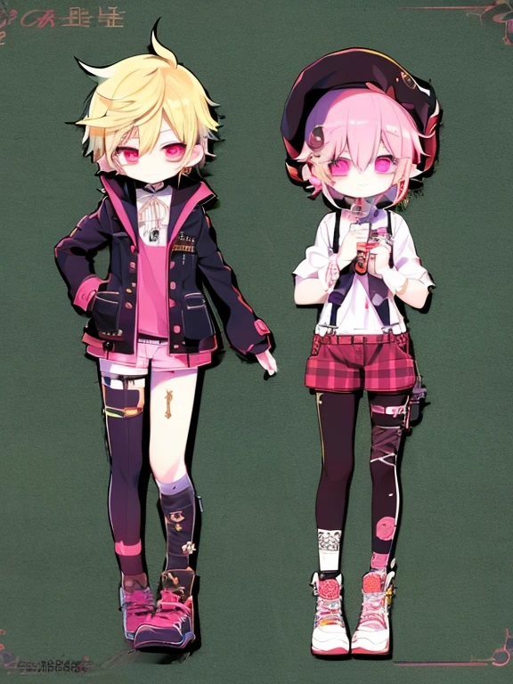 Tabletop, Perfect Face, highest quality, highest quality, Great designers for boys, Whole Body Ezbian,8K resolution, Ultra-high quality output,dream-like、soft、High quality shota boy ((short hair, Light Hair, Pink Eyes, Light pigmentation ))autumn服 Plaidのショートパンツ ニット もこもこ 立ち絵 全身 キャラクターデザイン キャラクターシート 動きがある 躍動感 笑顔 かわいい 等身低め 本を持つ ベレー帽 膝丈ズボン(Plaid、Brown、autumn) Face is front、garter belt、Shorts with suspenders